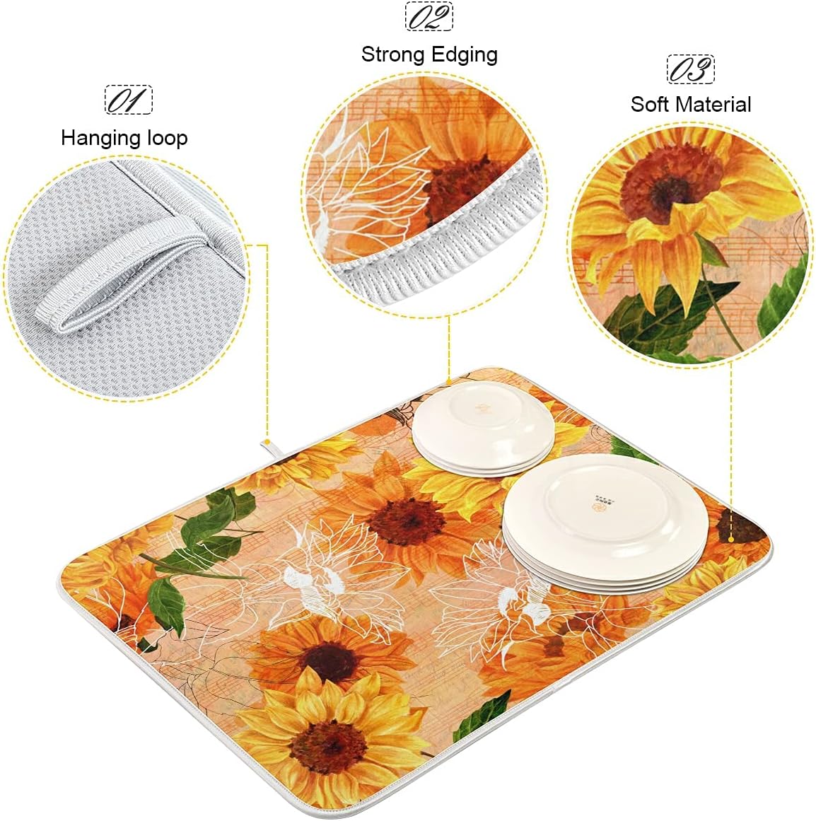 Super Absorbent Dish Drying Mat, Microfiber Fast-Drying Dish Mat, 16" x 18", Kitchen Dish Drying Pad, Watercolor Sunflowers