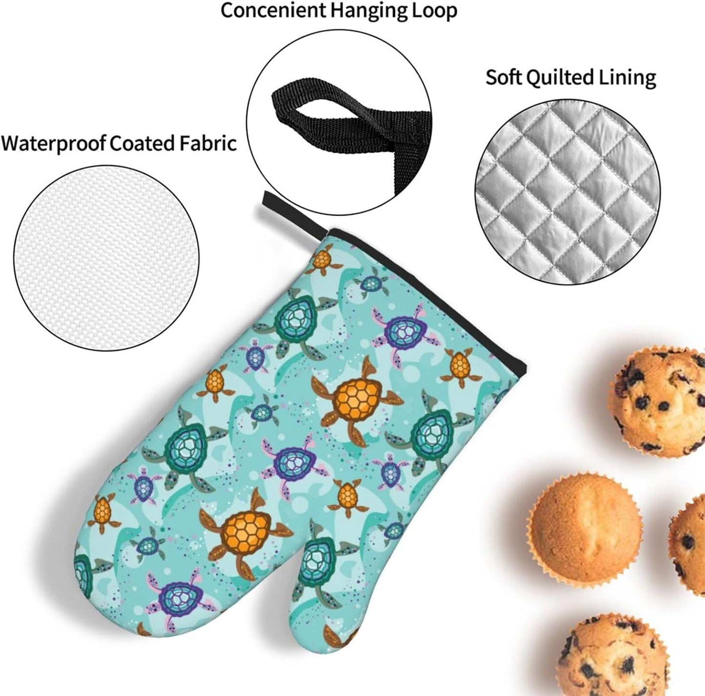 Cute Sea Turtle Beach Oven Mitts and Pot Holders Set Ocean Themed Decorative Heat Resistant Microwave Oven Gloves for BBQ Baking Grilling Cooks Kitchen Decor 3 Piece