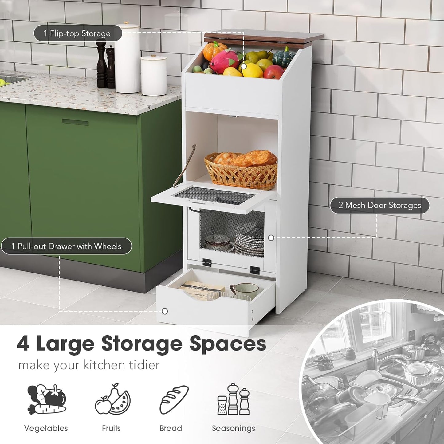 Patiorama Wood Potato and Onion Storage Bin Box with Lid, 4-Tier Farmhouse Wooden Bread Box Cabinet with 2 Mesh Doors & Rolling Drawer, Large Vegetable Storage Bin Organizer for Kitchen Pantry White