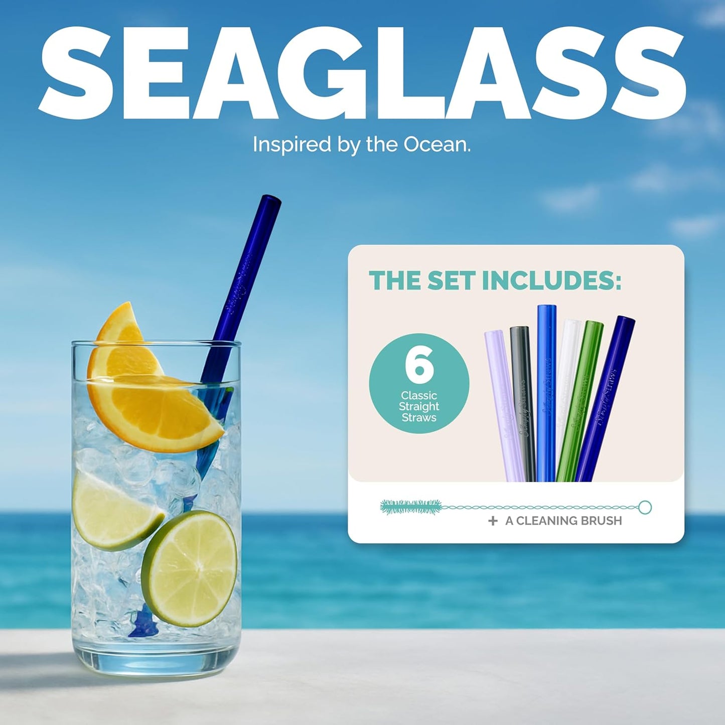 Simply Straws 8 Inch Glass Straws Straight (6-Pack) – Reusable Glass Straws for Pints & Juice Drinkware, with Cleaning Brush – Dishwasher Safe, Hot & Cold Use, BPA-Free (Seaglass)