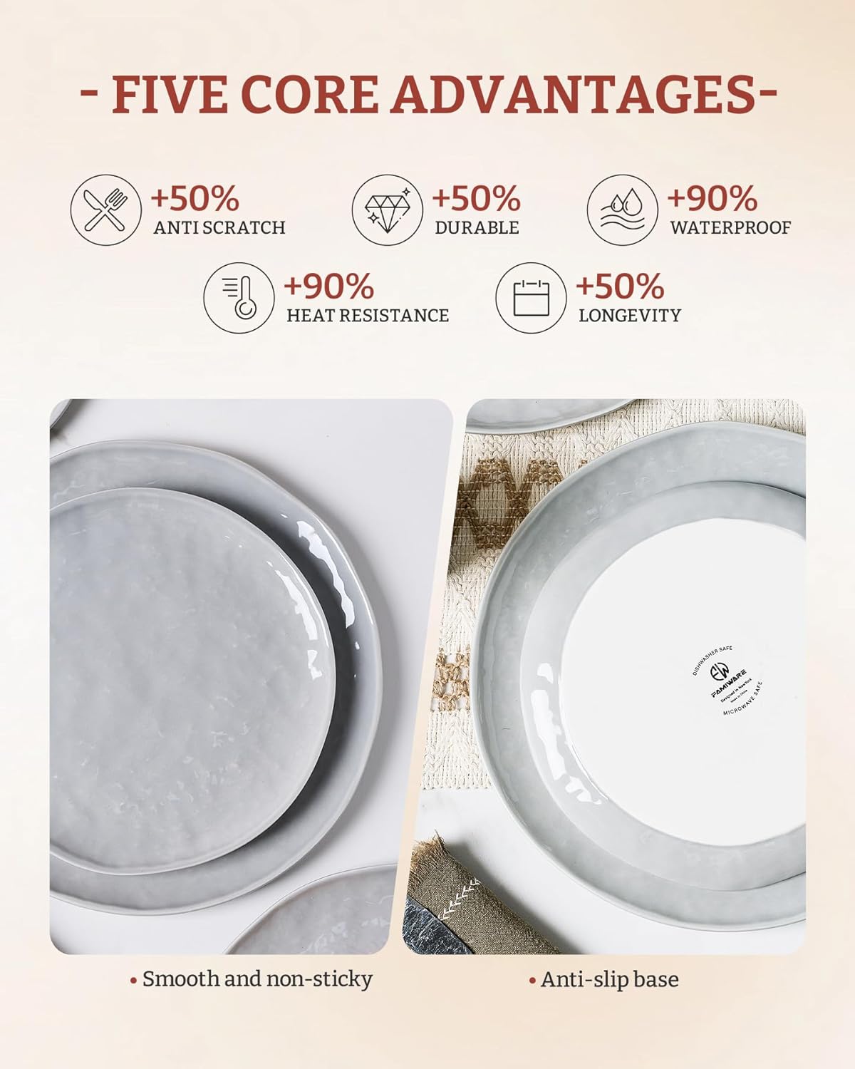 Famiware Porcelain kitchen plates and bowls set, Modern dishes set for 4, Handmade Wave Edge Dinnerware Sets, Microwave and Dishwasher Safe Tableware, Sleek Grey (16pc)