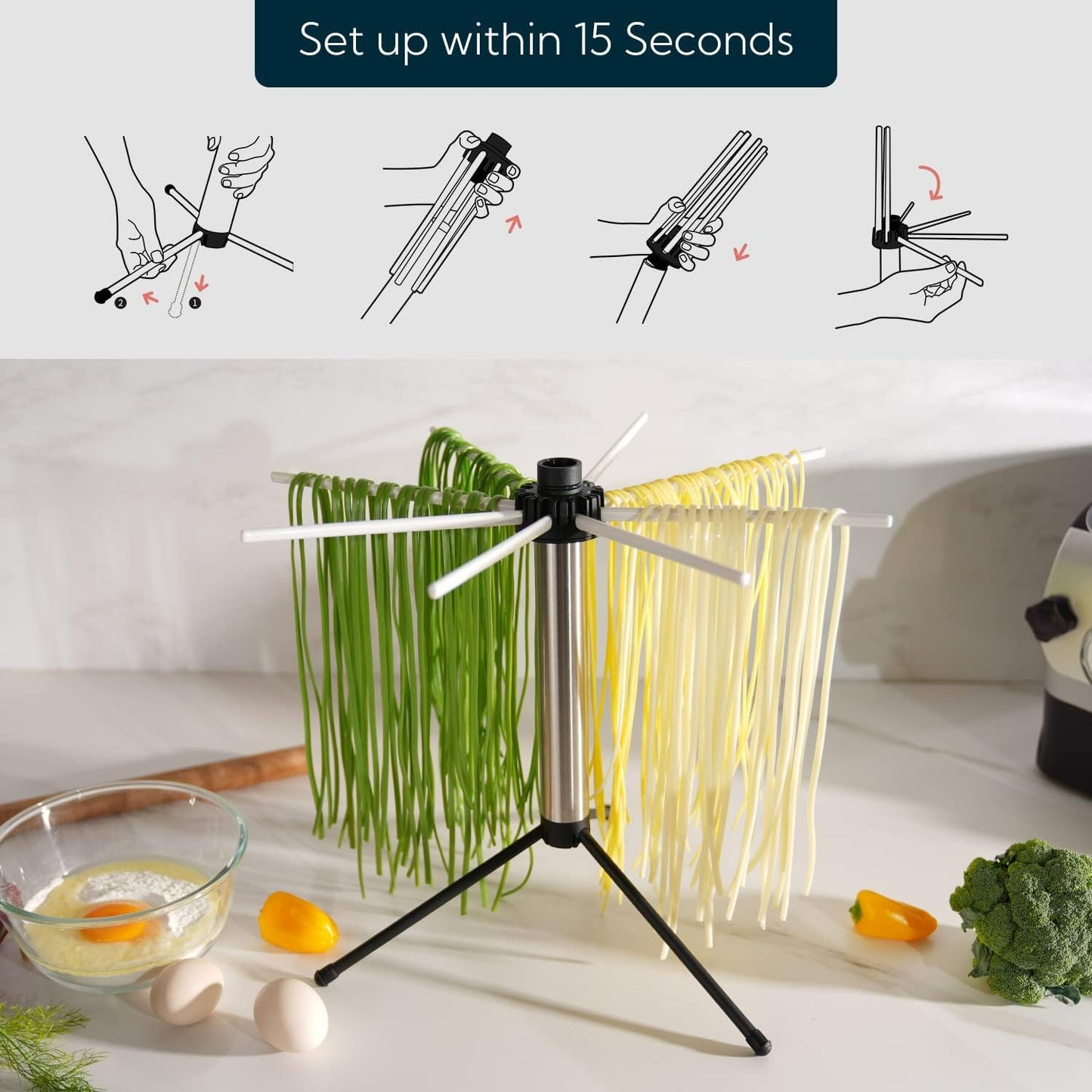 KITCHENDAO Collapsible Pasta Drying Rack, Compact for Easy Storage, Quick Set up, Foldable Pasta Dryer Rack Spaghetti Noodle Hanger, Detachable for Easy Cleaning, Rotary Arms, Hold up to 5 lbs