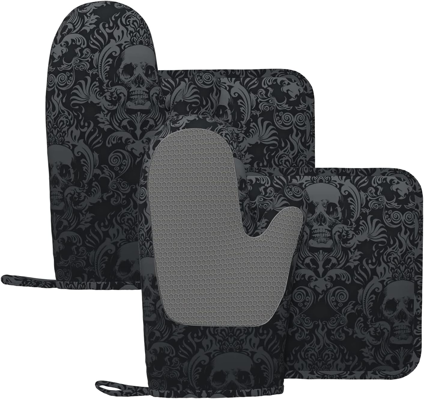 Gothic Skull Oven Mitts and Pot Holders Sets of 4,Resistant Hot Pads with Silicone Non-Slip BBQ Gloves for Kitchen,Cooking,Baking,Grilling