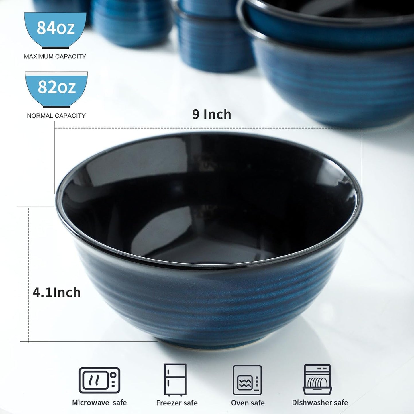 MEKY Ceramic Mixing Bowls Set of 2, 84OZ Large Nesting Salad Bowls - Perfect for Cooking, Baking, Soup, Pasta, Fruit and Popcorn, Deep Bowls Ideal for Microwave and Dishwasher Safe (Blue)