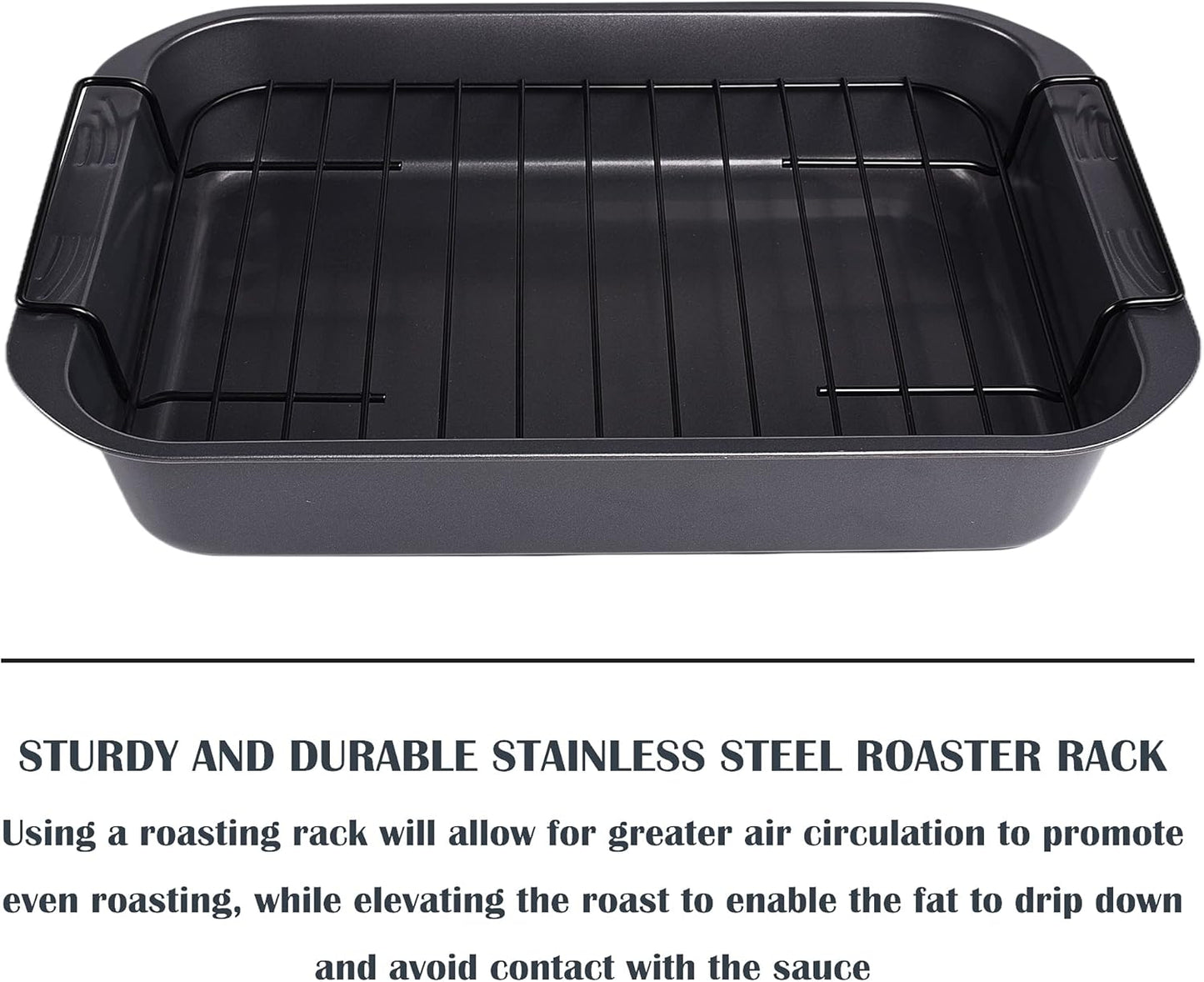 kitCom Bakeware Nonstick Roaster, Nonstick Roasting Pan with Rack, Great For Roast Chicken, Roasts And Turkeys - 15 Inch x 11 Inch (5.8 QT), Gray