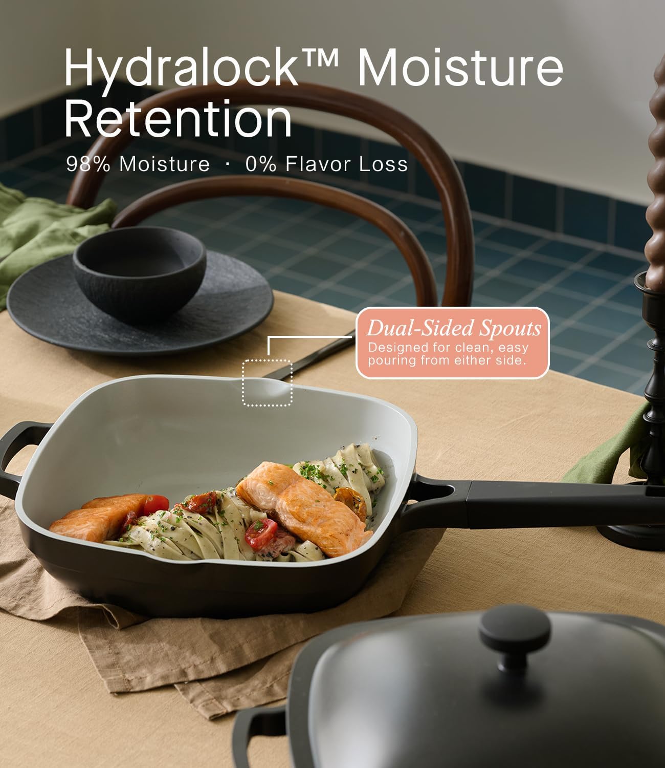 10.5 Inch(3.8QT) Deep Frying Pan,Non Stick Frying Pans Cast Aluminum,Ti-Ceramic Non Toxic Pix Pan with Lid,Natural Wooden Spatula and Loofah Scrubber-Midnight Hearth