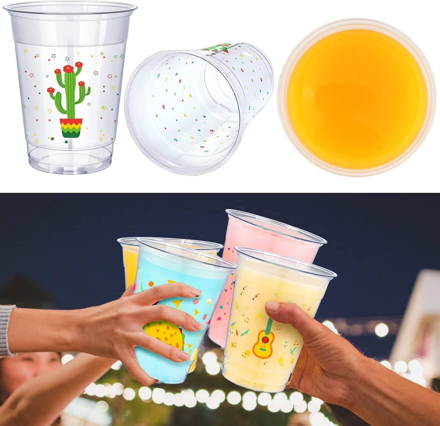 meekoo 200 Pack 12 oz Fiesta Cups Plastic Mexican Cups Clear Disposable Mug Cinco De Mayo Party Decorations for Fiesta Taco Birthday Party Drinkware Supplies, 4 Styles