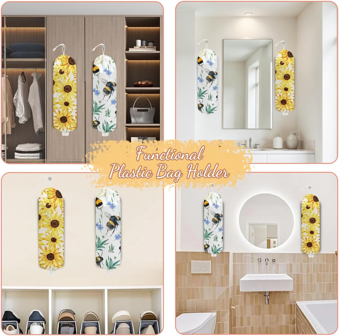 2 Pcs Bee Plastic Bag Holder, Sunflower Grocery Bag Holder Plastic Storage bag, Large Washable Grocery Bags Storage Dispenser for Home Kitchen Pantry Decor, Flower Gifts for Women Mom Grandma