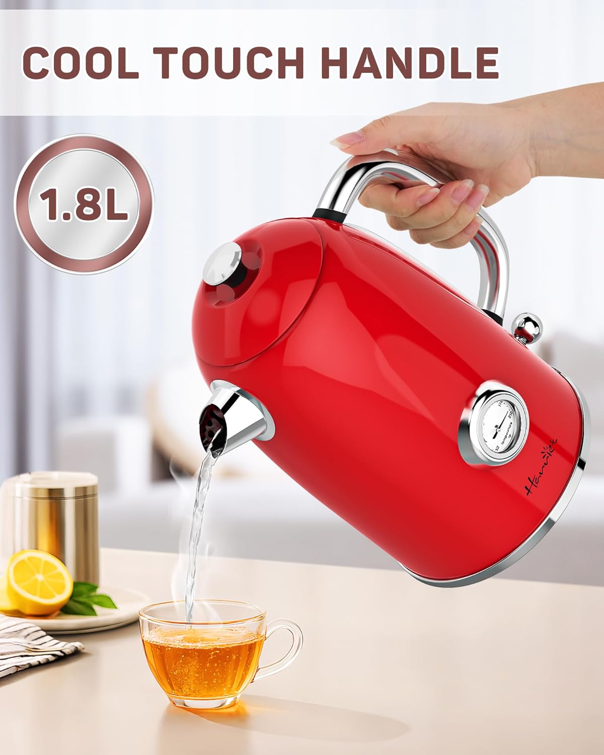 Harriet Electric Kettle, 1.8L Retro Electric Tea Kettle with Thermometer, 1500W Stainless Steel Hot Water Kettle Electric with LED Indicator, Fast Boiling, Cordless, Auto Shut-Off, Red