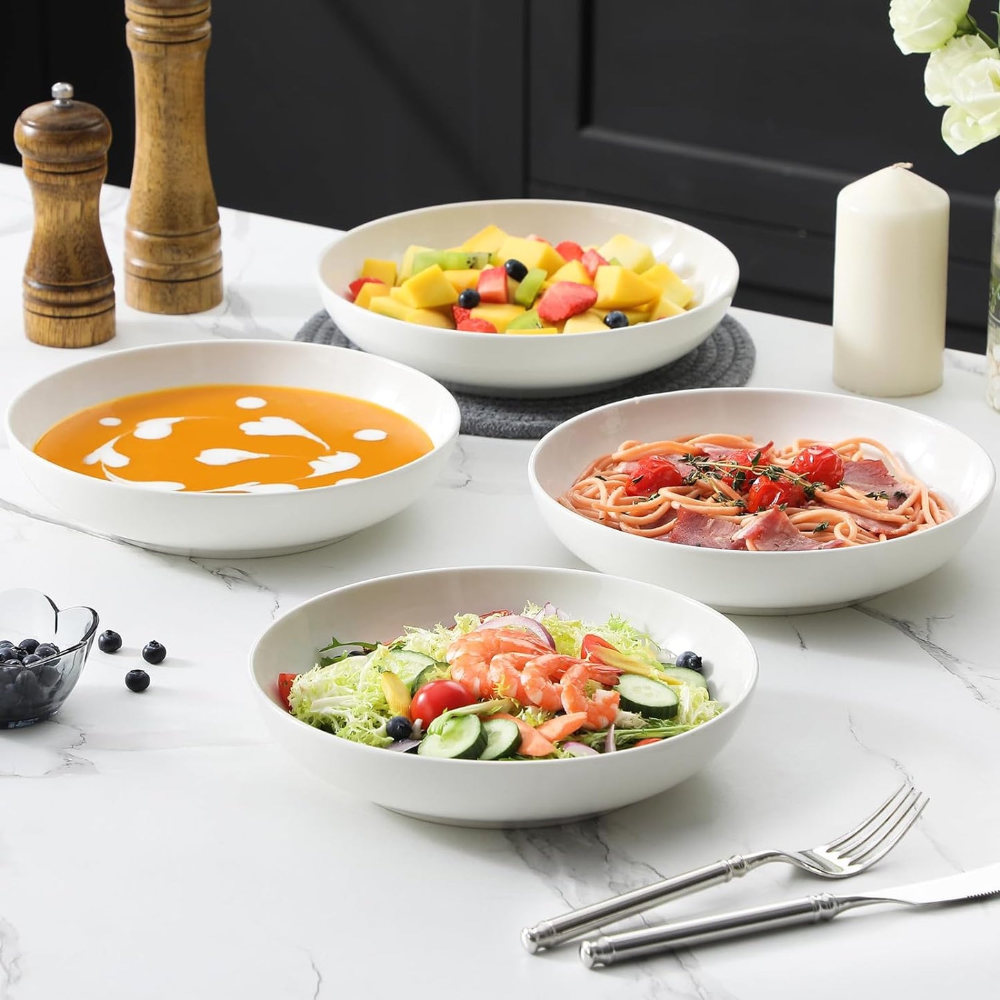 MALACASA 8.85" Large Pasta Bowls, 42 OZ White Salad Bowls Soup Bowls, Porcelain Serving Bowls Set of 4, Large Kitchen Bowl Plates Pasta Plates, Microwave & Dishwasher Safe, Series REGULAR