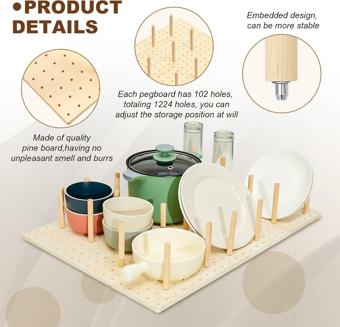 Kigley 12 Pcs Pegboard Drawer Organizer with 96 Drawer Peg Wood Peg Board Wooden Kitchen Plate Organizer for Dishes Food Containers Cookware Utensils(17 Inch,Wood Color)