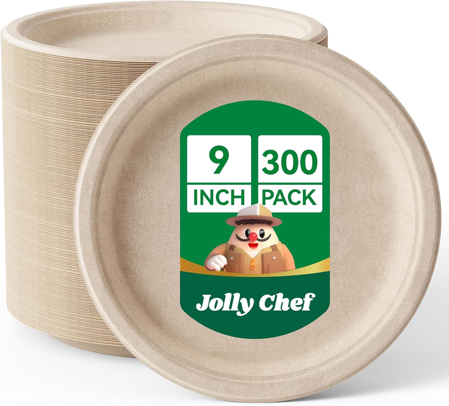 JOLLY CHEF Compostable Heavy Duty Plates 9 Inch [300 Pack] Eco-Friendly Disposable Natural Paper Plates Bagasse Biodegradable Bulk for Party Dinner Sugarcane Fibers Round 300 Count(Brown)