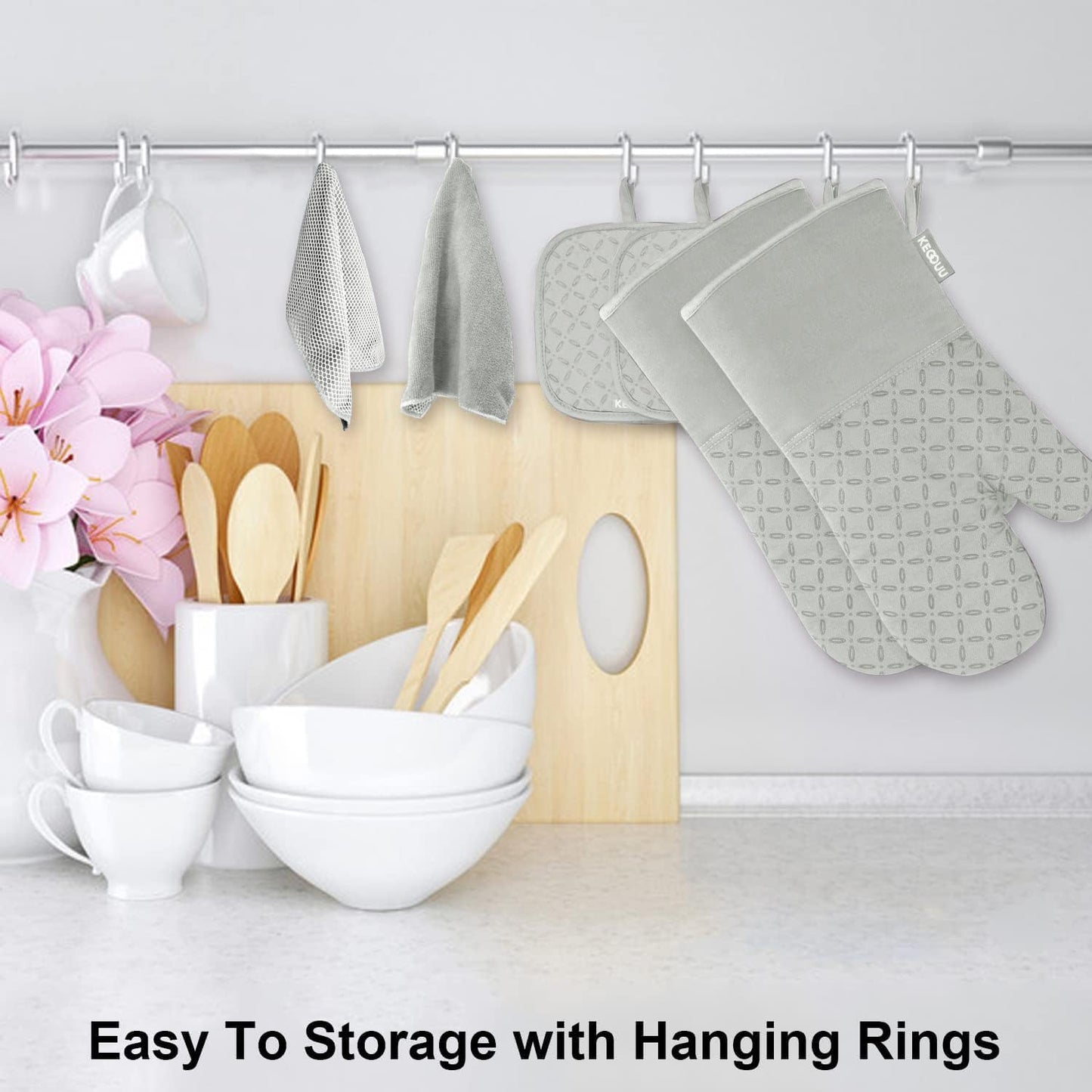 KEGOUU Oven Mitts and Pot Holders 6pcs Set, Kitchen Oven Glove High Heat Resistant 500 Degree Extra Long Oven Mitts and Potholder with Non-Slip Silicone Surface for Cooking （Greenish Gary）