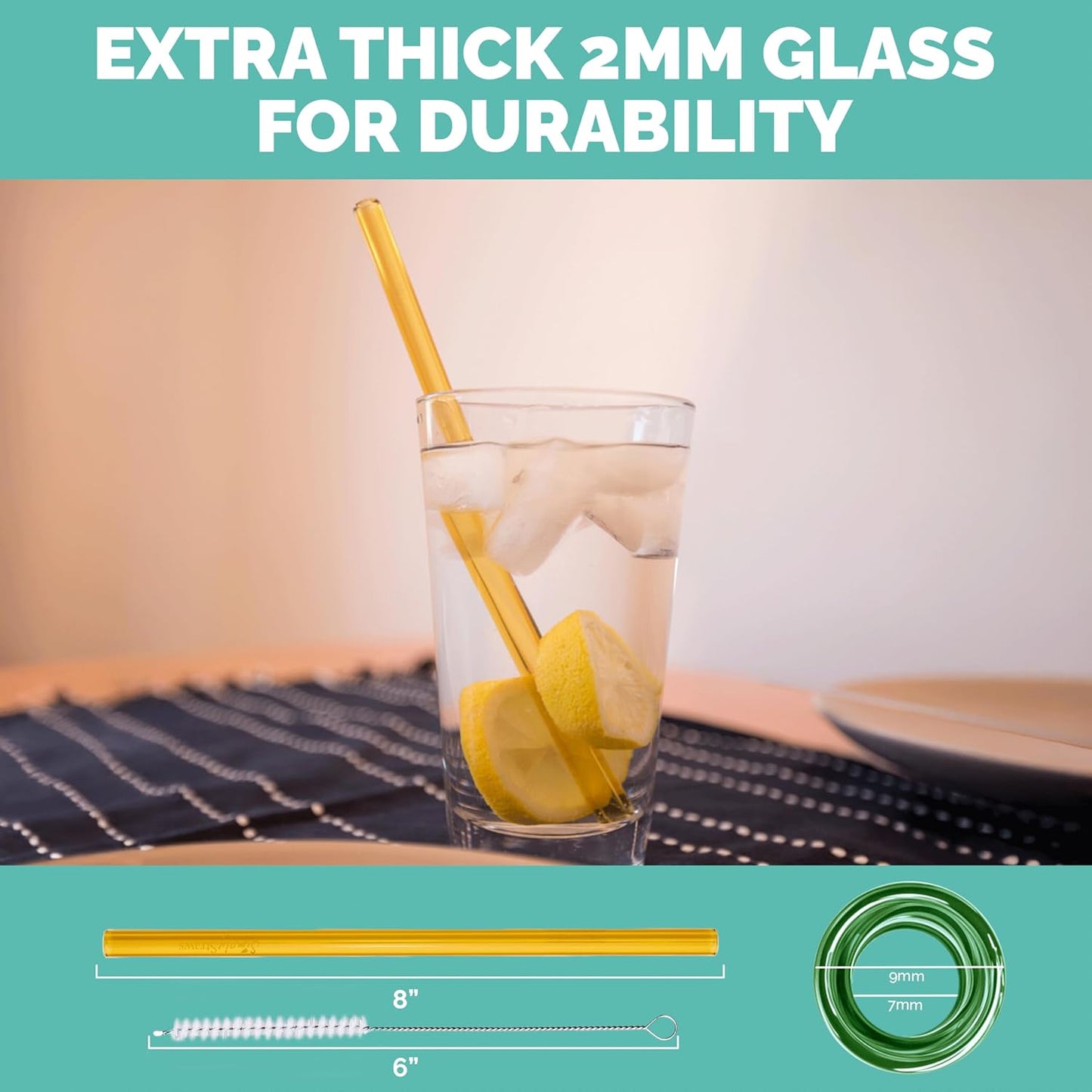 Simply Straws 8 Inch Glass Straws Straight (6-Pack) – Reusable Glass Straws for Pints & Juice Drinkware, with Cleaning Brush – Dishwasher Safe, Hot & Cold Use, BPA-Free (Iridium)