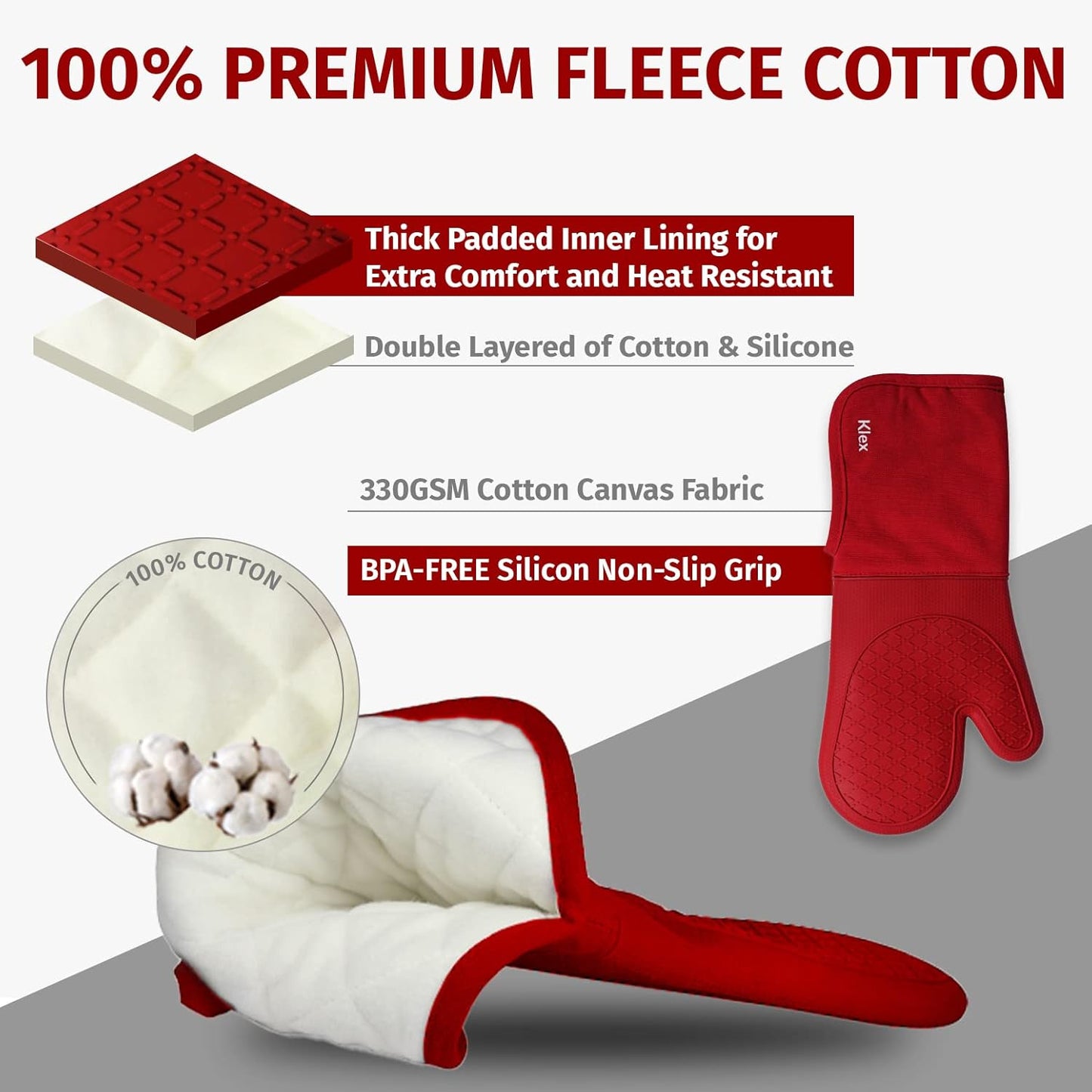 Klex Extra Long Silicone Oven Mitts, 932°F Degrees Heat Resistance with Quilted Cotton Liner Oven Gloves, 2 Piece Set, 15 inch, Red