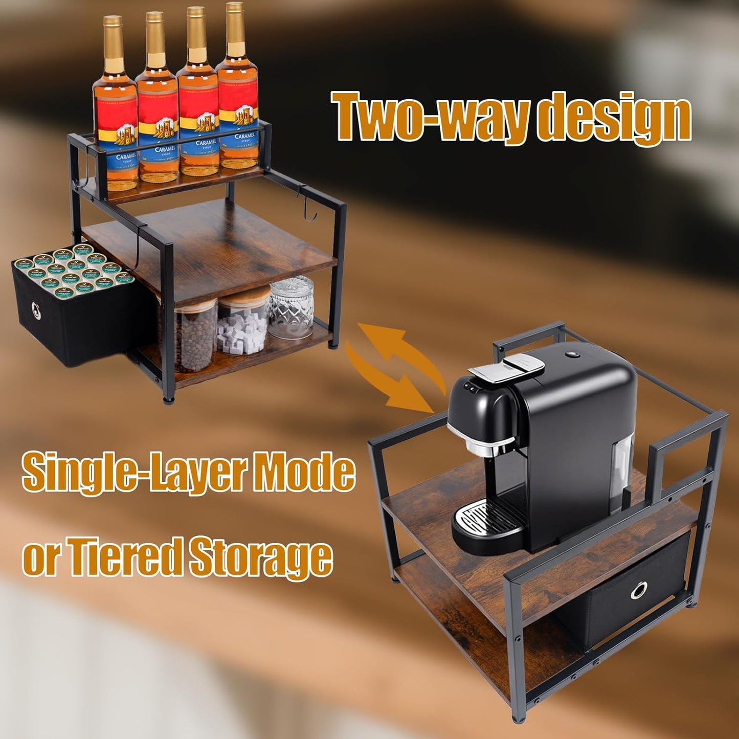 3-Tier Coffee Syrup Organizer (12 Bottles Capacity), Stepped Design Syrup Rack with Fabric Drawer, Liquor Bottle Display Shelf, Bottle Holder for Liquor, Coffee, Spice, Syrup