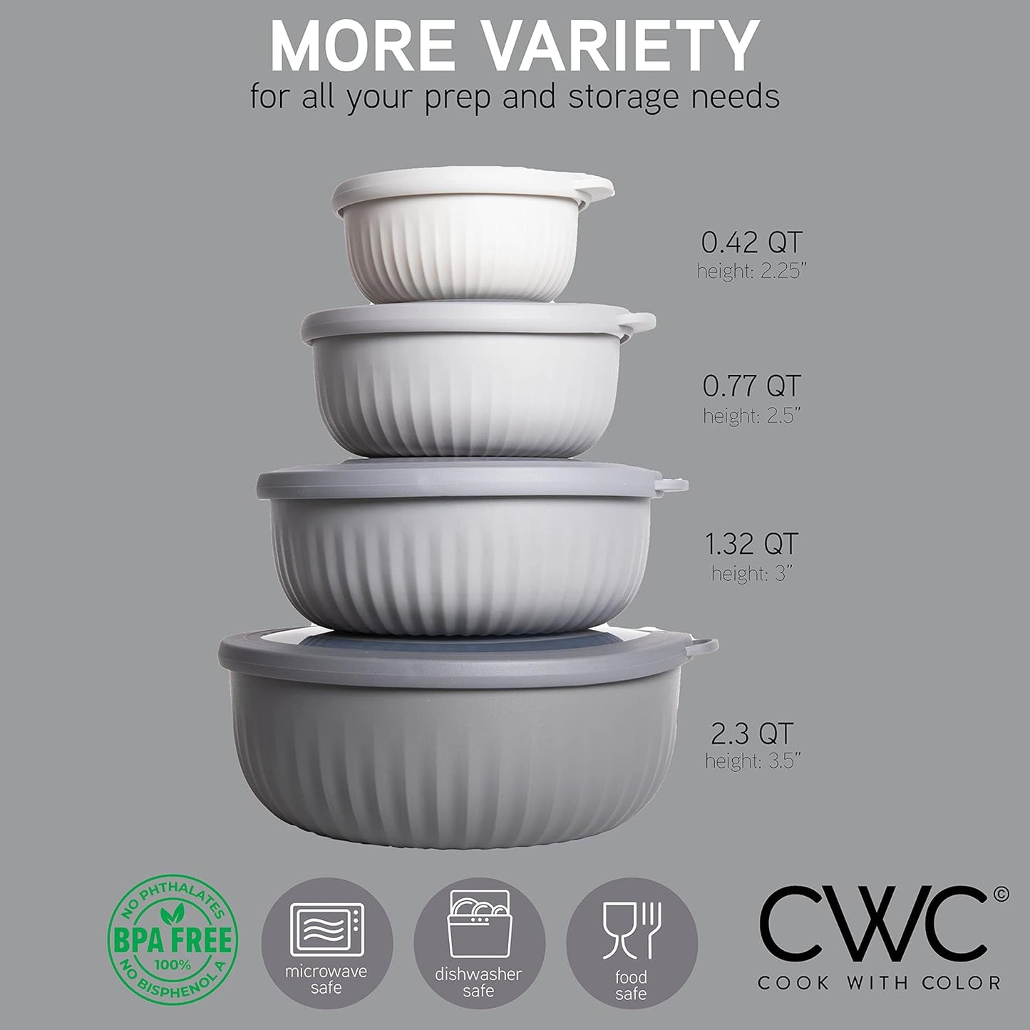 COOK WITH COLOR Prep Bowls with Lids- Wide and Deep Nesting Plastic Small Mixing Bowl Set with Lids, 8 Piece Set - Wide Bowls, Gray