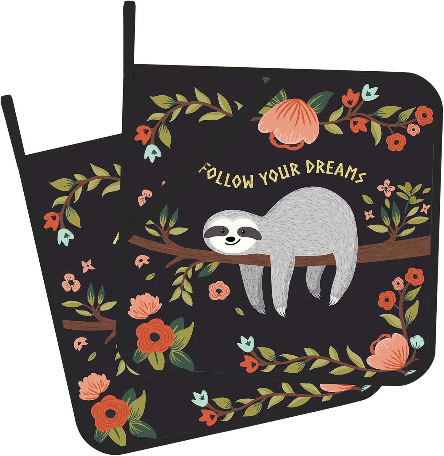 Pot Holder Set of 2,Cute Cartoon Sloth Kitchen Heat Resistant Potholder for BBQ Cooking Baking,Food Hot Pat for Women Men Kitchen Wear