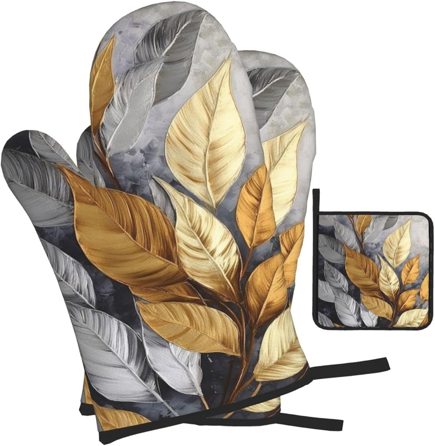 Gold Silver Tropical Leaves Oven Mitts and Pot Holders Sets of 3 Modern Hot Pads Heat Resistant Non Slip Washable for Cooking Grilling Baking BBQ Kitchen Decor