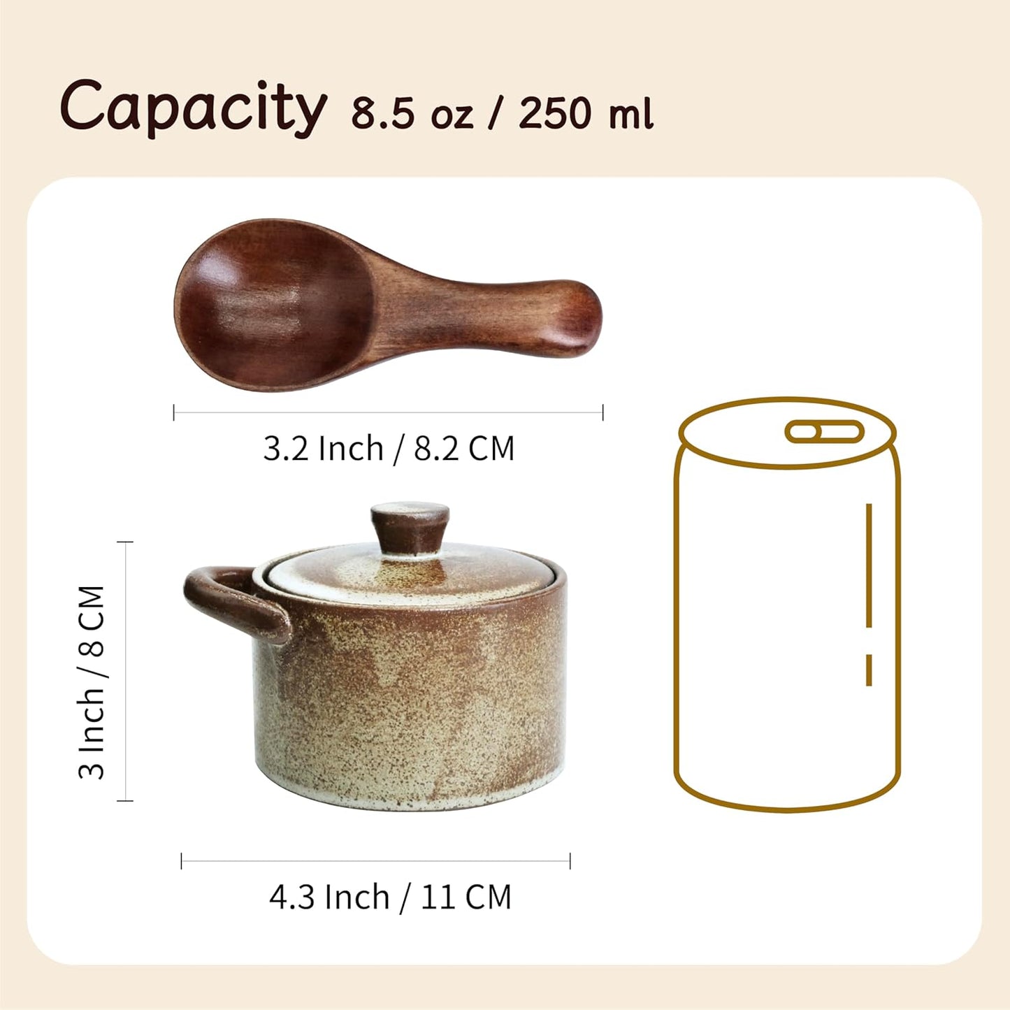 Handcrafted Speckled Ceramic Salt Cellar with Wooden Spoon, Rustic Vintage Spice Jar, Dishwasher Safe, 8.45 fl oz (Peckled Ceramic)