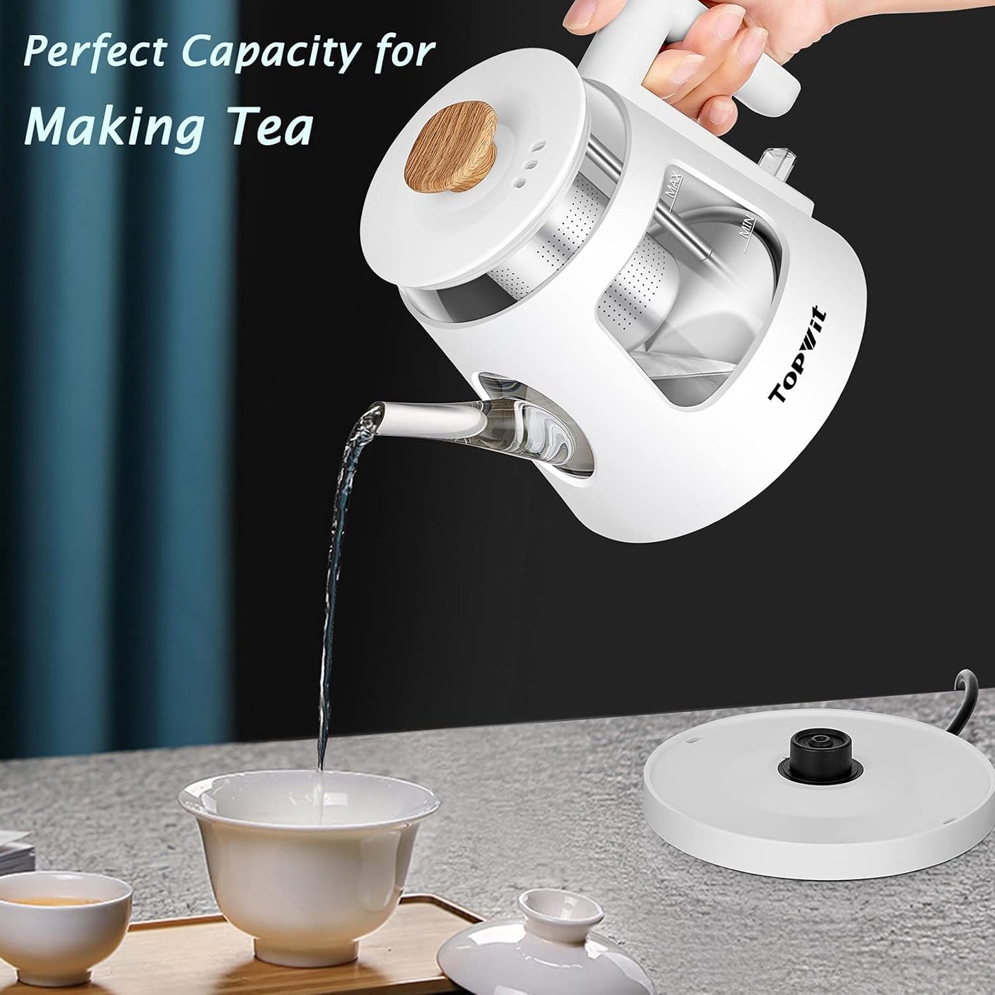 TOPWIT Electric Kettle, 1.0L Electric Tea Kettle with Removable Stainless Steel Infuser, BPA-Free Electric Glass Kettle with Window, Double Wall Water Warmer, Gooseneck, Auto-shut Off, White