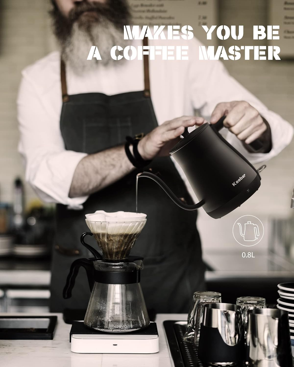 Electric Kettle, Gooseneck Kettle with Auto Shut Off, 0.8L Small Eletric Tea Kettle, Precise Spout Designed for Coffee Tea, 1000W Quick Heat Up, Stainless Steel, Matte Black