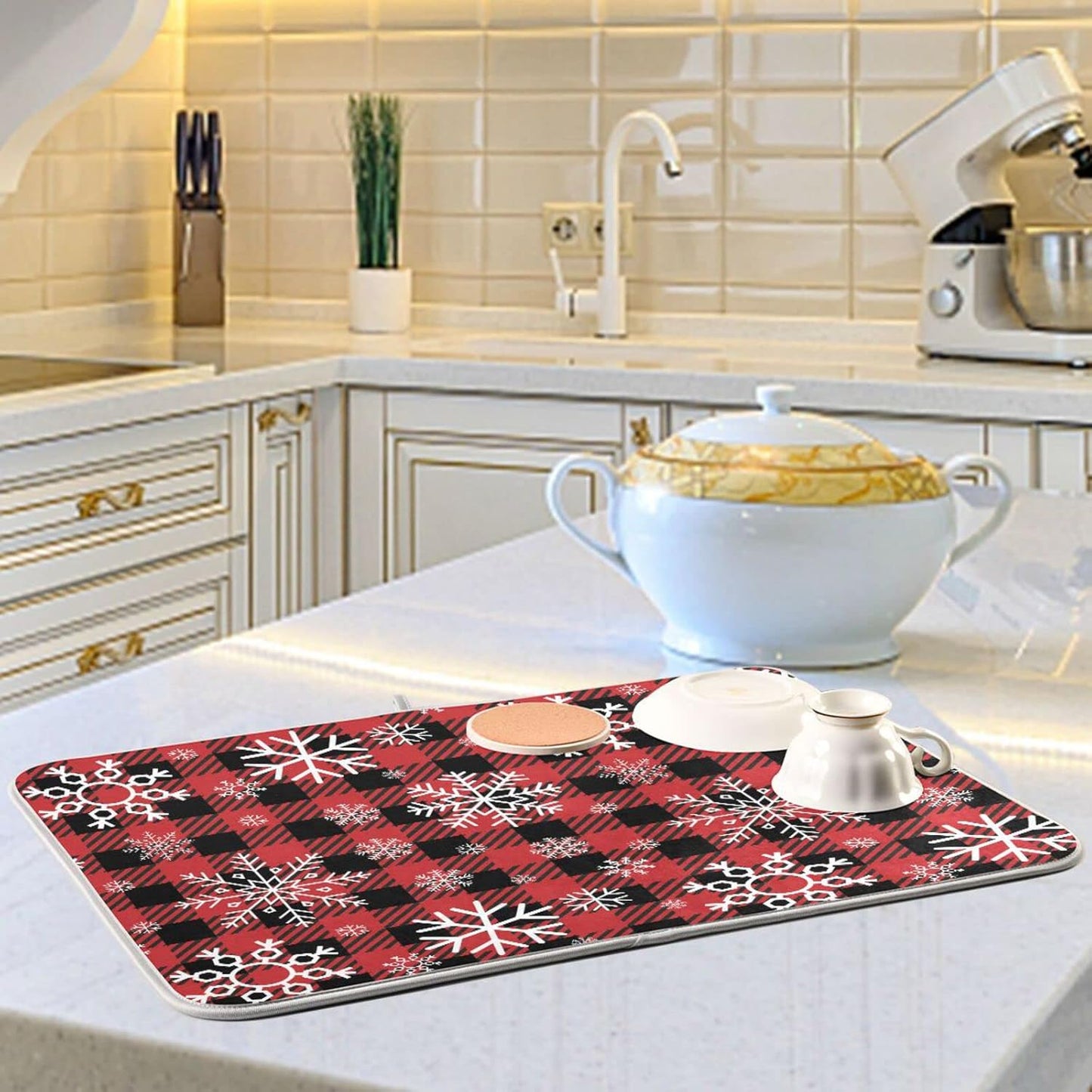Snowflake Buffalo Plaid Dish Drying Mat for Kitchen Counter Christmas Absorbent Microfiber Drying Pad, Medium 16x18 in, Reversible Drainer Mats