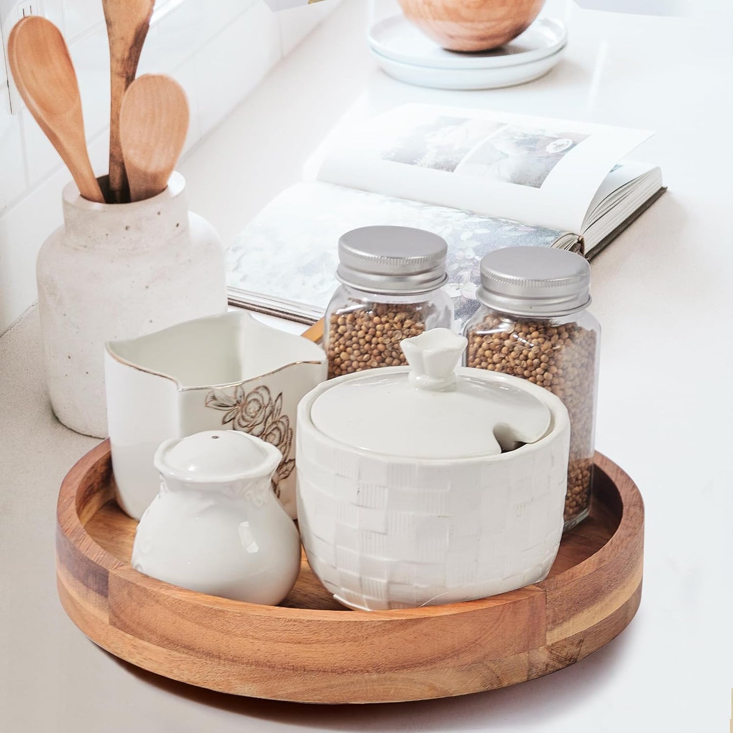 10 Inch Acacia Wood Lazy Susan Organizer for Cabinet, Lazy Susan Turntable for Countertop Table Pantry, Kitchen Turntable Storege