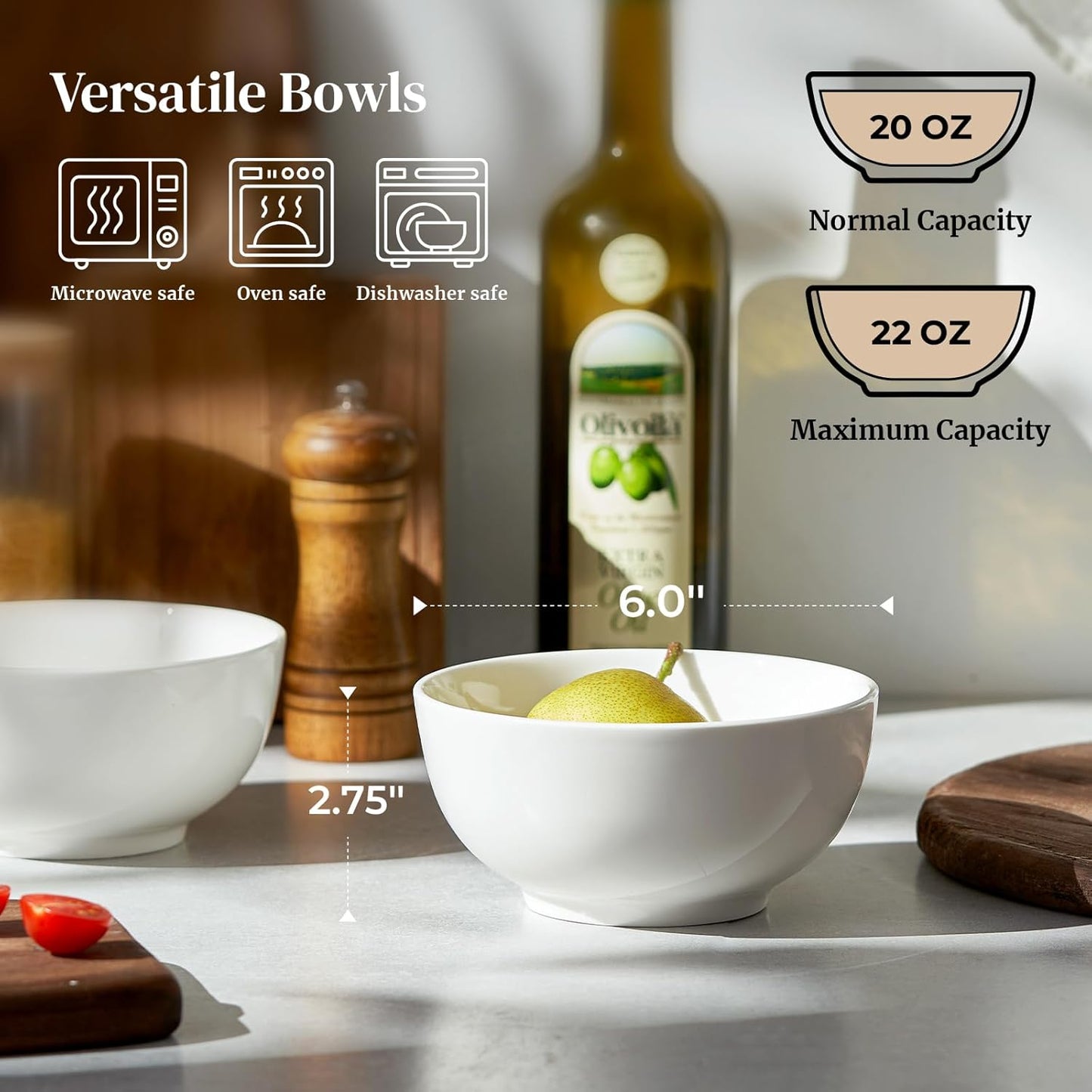 DOWAN 22 OZ White Ceramic Bowls Set of 4 - Perfect for Soup Bowls for Kitchen, Cereal Bowl, Ramen Bowl, Microwave Safe for Oatmeal, Fruit,Salad and Rice Bowl - Dishwasher & Microwave Safe