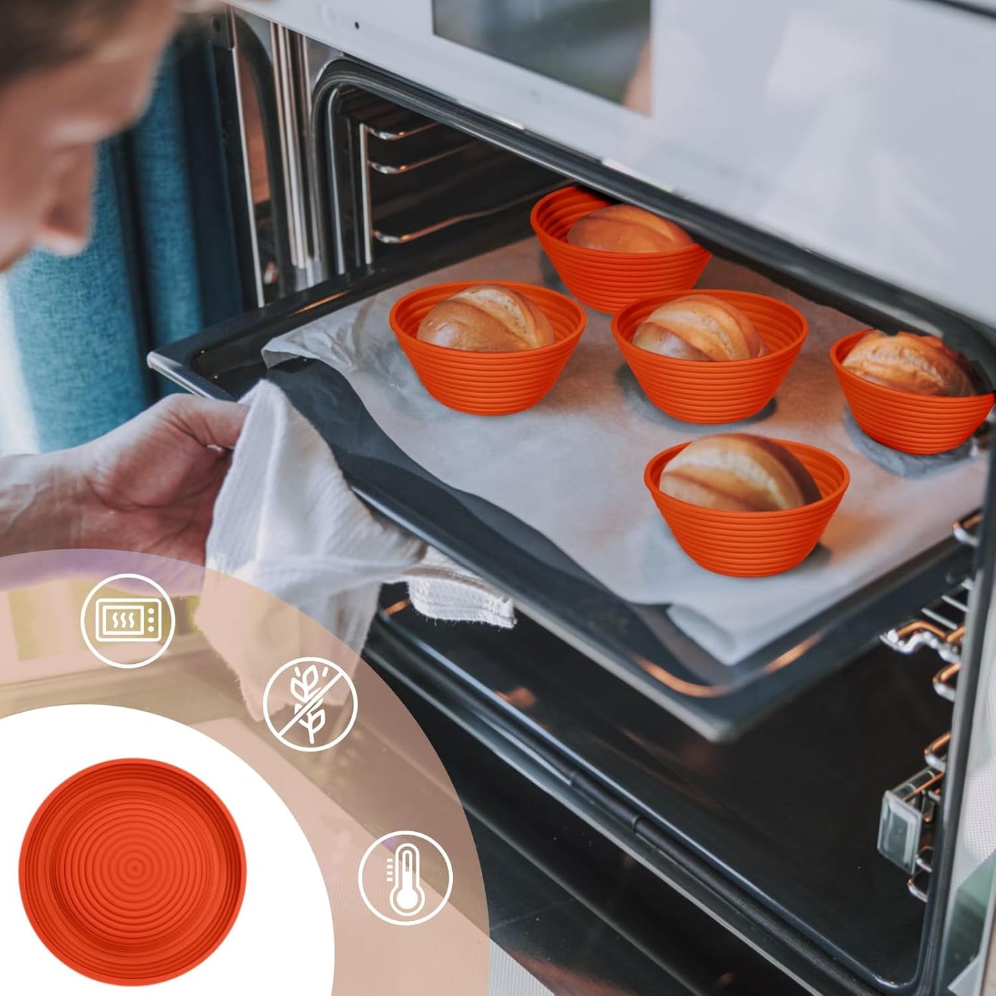 Silicone Banneton, Sourdough Bread Baskets (Set of 6, 5 Inch), Round Proofing Bread Bowls with Starter Kit, Bread Making Baking Supplies