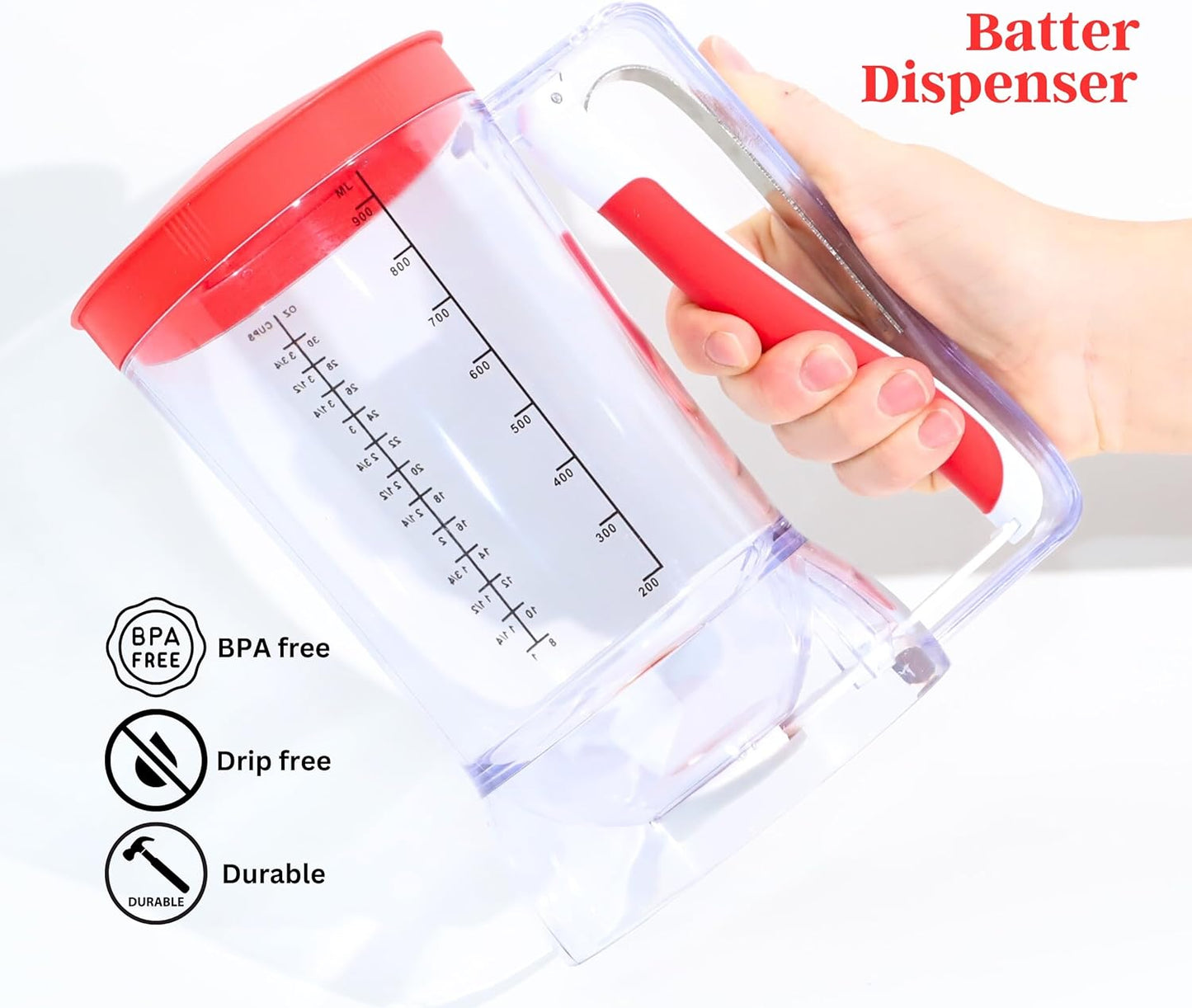 Kid Friendly Mess Free Pancake Cupcake Batter Dispenser Squeeze Handle for Precise Portion Control, Great for Waffles, Crepes | 4 Cup Capacity (Red)