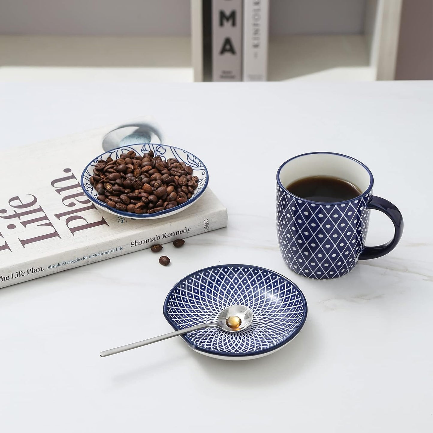 Selamica Ceramic Spoon Rest for Stove Top, 4.6 Inch Cooking Spoon Holder for Kitchen Counter, Stackable Utensil Rest Holder for Spatula Ladles Tong, Set of 4, Vintage Blue