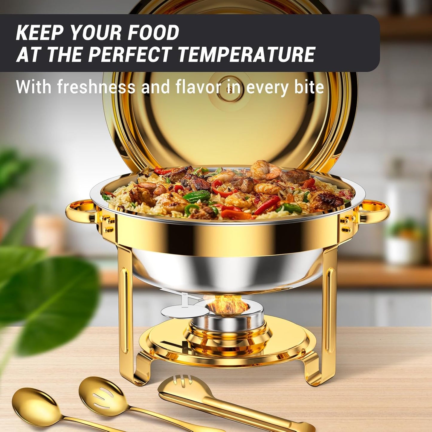 Round Chafing Dishes for Buffet 5 Qt,High Grade Chafing Dish Buffet Set, Full Size Pan,Rolled-Edge Design Food Warmers for Parties,Buffet,Wedding,Birthday,Camping 4 PACK (Gold)