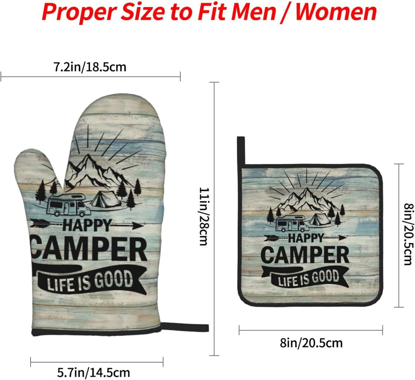 Happy Camper Oven Mitts and Pot Holders Sets of 4,Resistant Hot Pads with Polyester Non-Slip BBQ Gloves for Kitchen,Cooking,Baking,Grilling