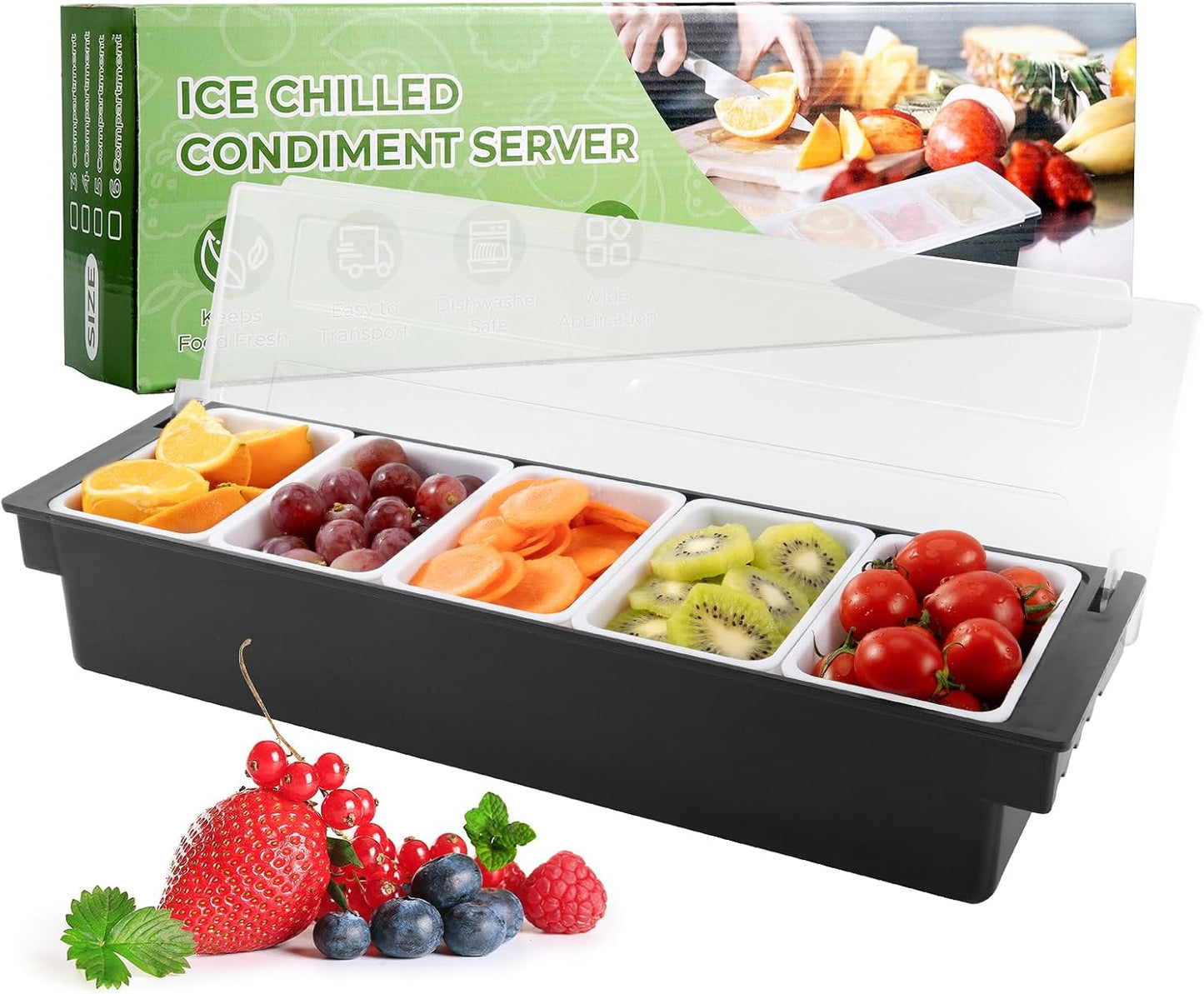 WICHEMI Fruit, Veggie & Condiment Caddy with Lid Dispenser Tray Plastic Garnish Station for Bartending & Serving Taco, Ice Cream, Salad Bar - Topping Organizer for Restaurant Supplies (5 Compartment)