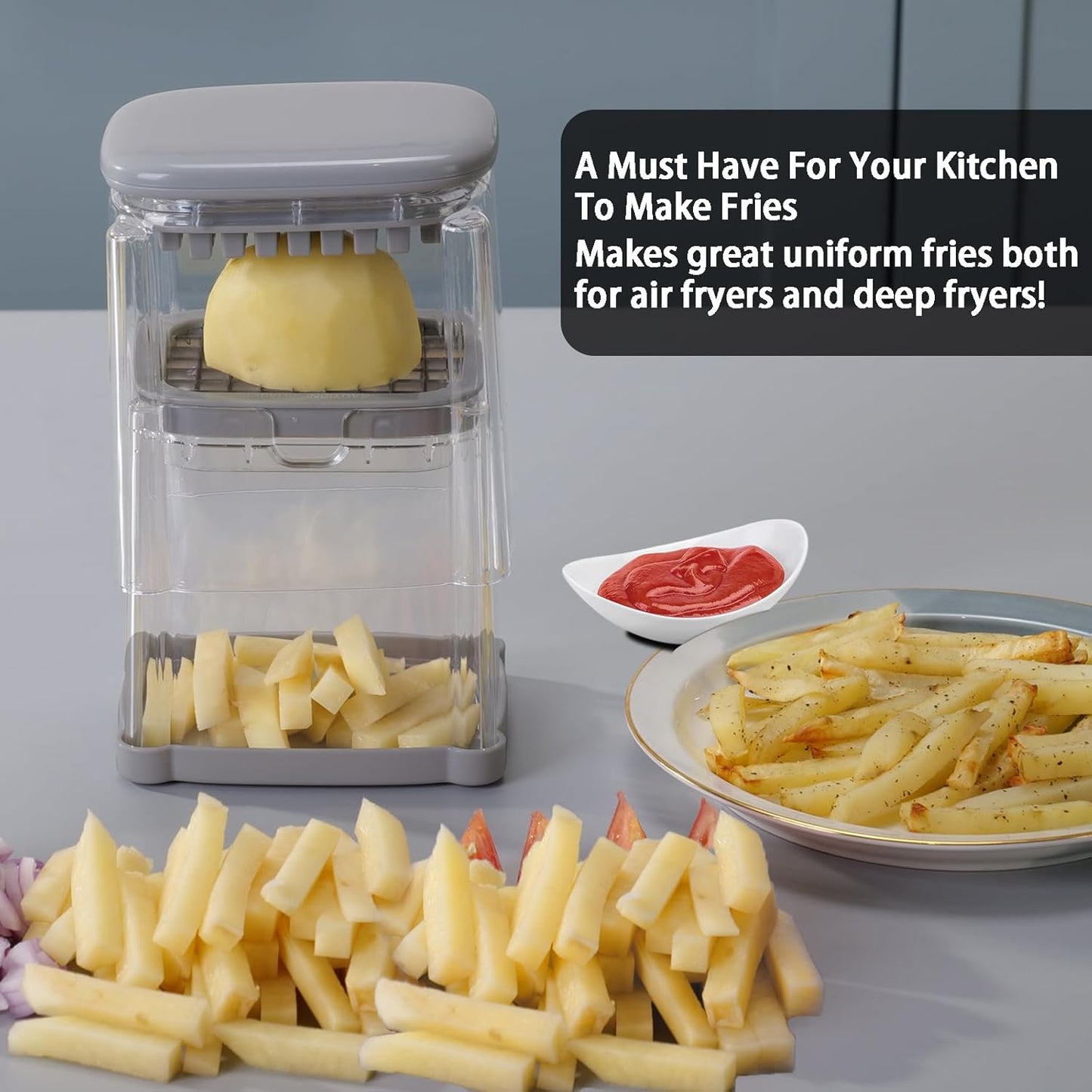 French Fry Cutter, Solucky Potato Onion Cutter, Professional Homestyle Vegetable Chopper Dicer, Great for Potatoes Carrots Cucumbers Zucchini Pepper (Fog Gray)