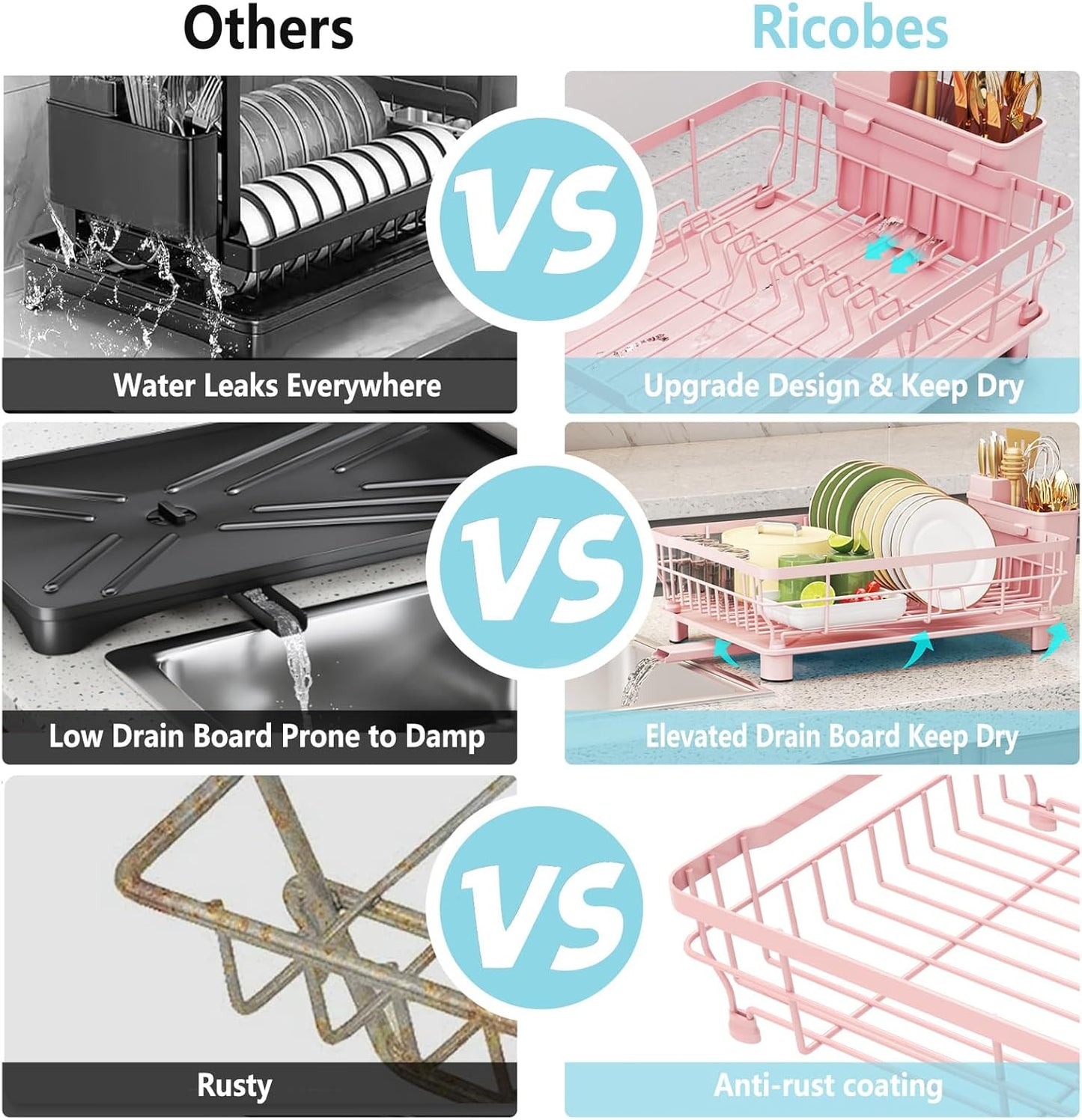 Dish Drying Rack - Space Saving Dish Rack - Dish Racks for Kitchen Counter with Drainboard,Rustproof Dish Drainer with Removable Utensil Holder,Pink