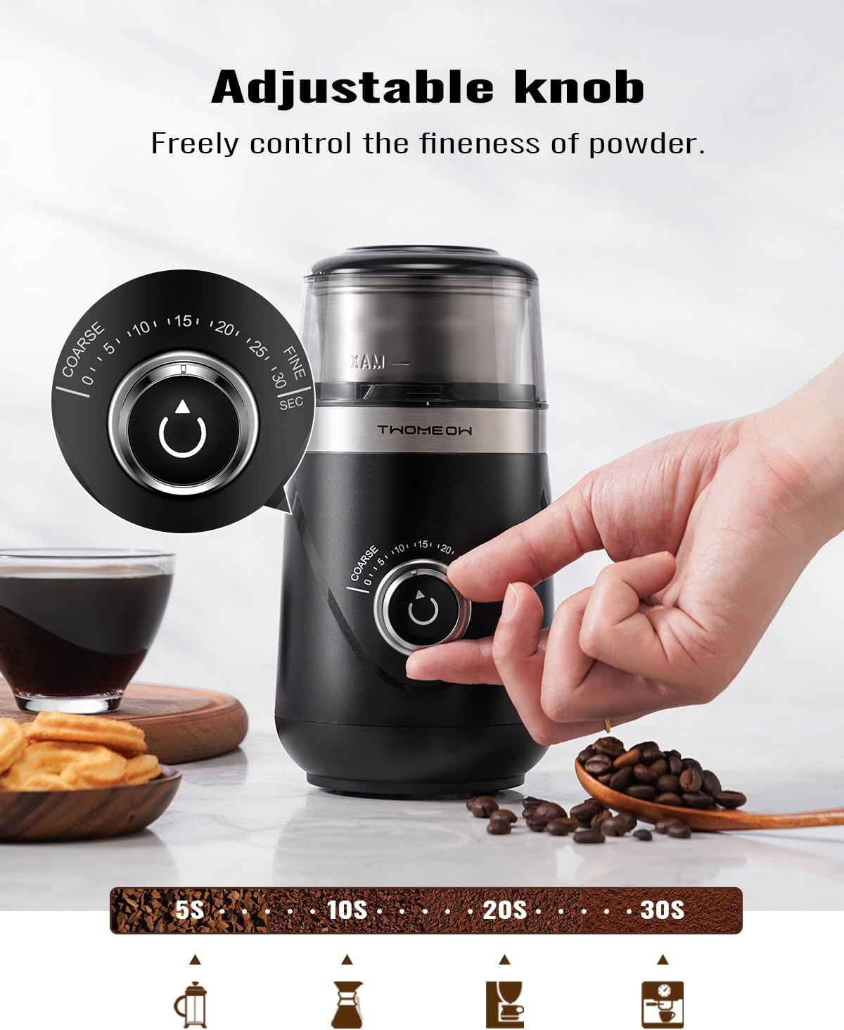 Electric Coffee Grinder with Timing Knob, Electric Quiet Grinder, High-Speed Bean and Spice Grinder with Removable Stainless Steel Bowl, Black