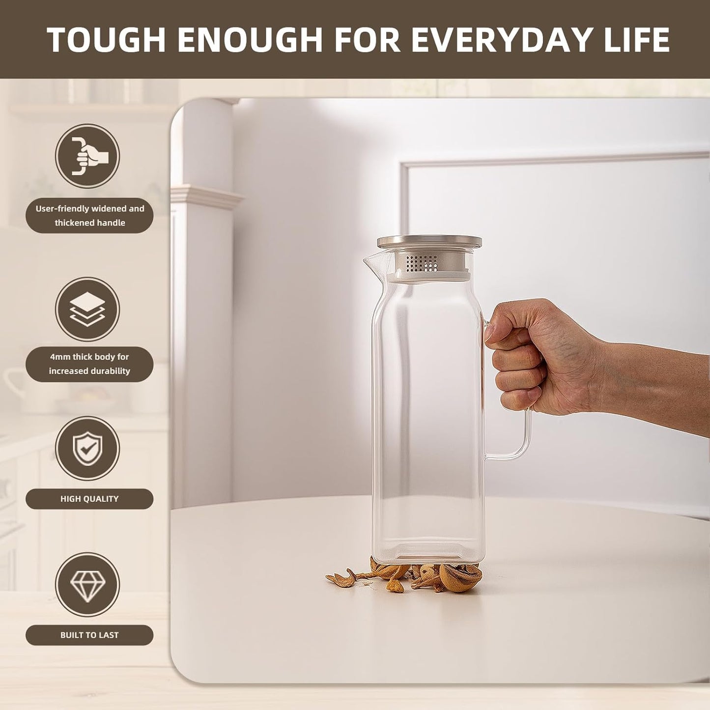 2 Pack Square Glass Water Pitcher with Lid and Spout, 2L/68oz Heat Resistant Borosilicate Glass Carafe, Temperature Safe