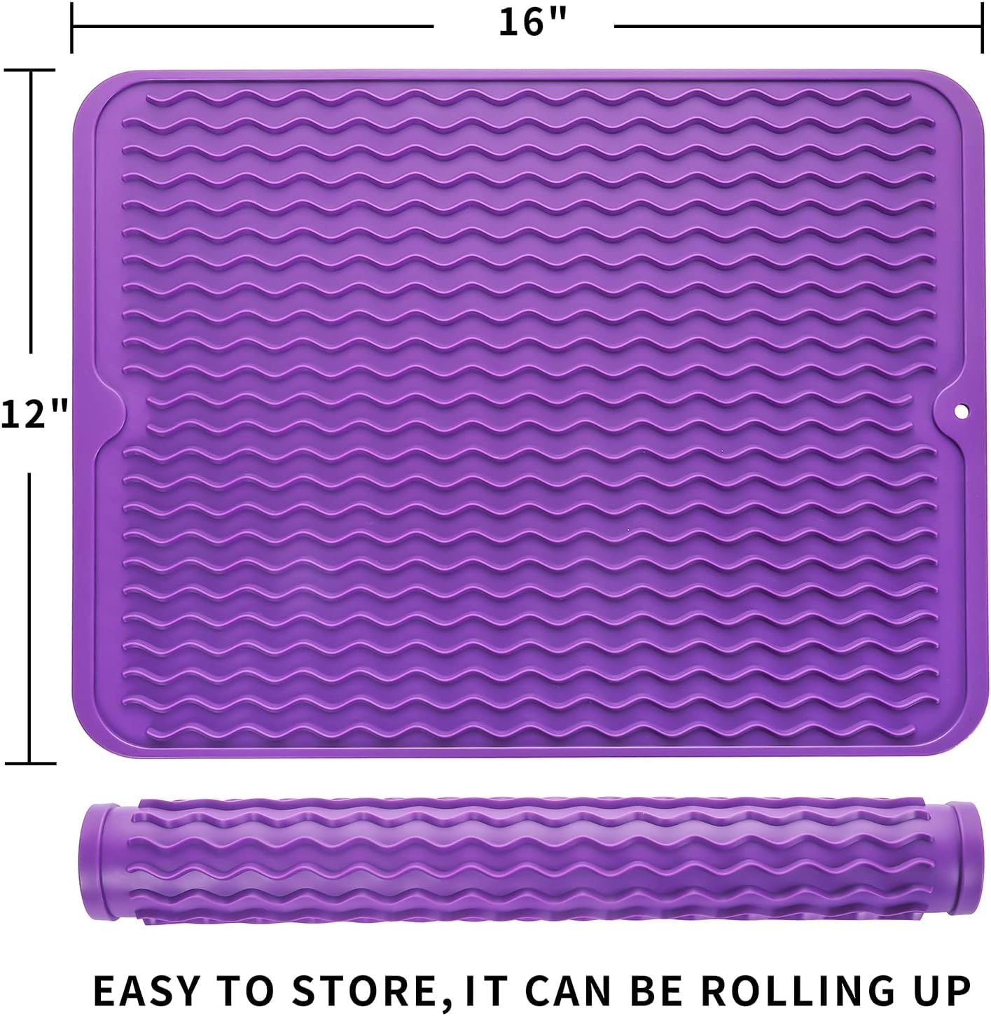Silicone Dish Drying Mat for Multiple Usage,Easy clean,Eco-friendly,Heat-resistant Silicone Mat for Kitchen Counter or Sink,Refrigerator or drawer liner Purple L 16 inches x 12 inches