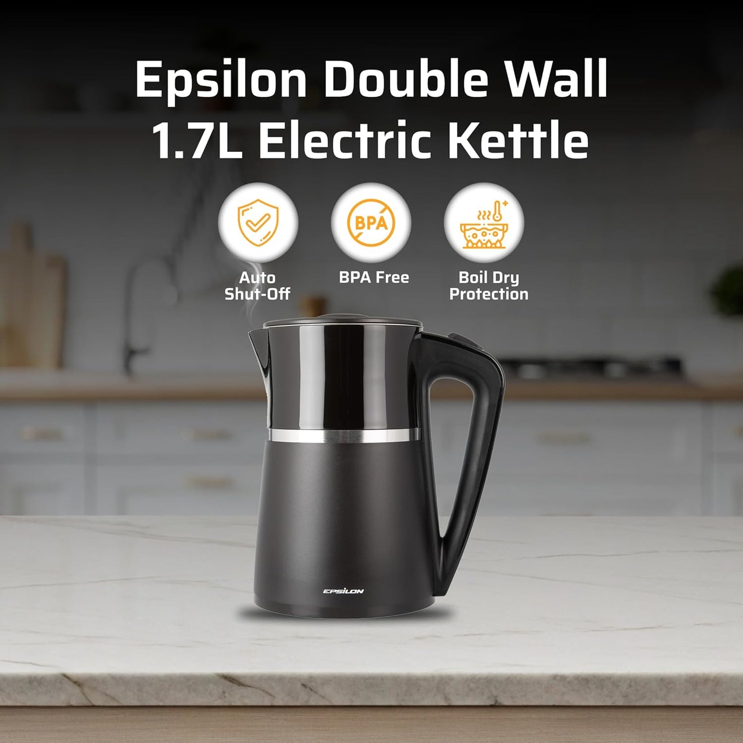 Epsilon Double Wall Electric Kettle 1500W – 1.7L Hot Water Tea Kettle & Hot Water Boiler with Auto Shut-Off, Boil Dry Protection, BPA-Free Stainless Steel Electric Teapot Fast Boil, Cool Touch Design