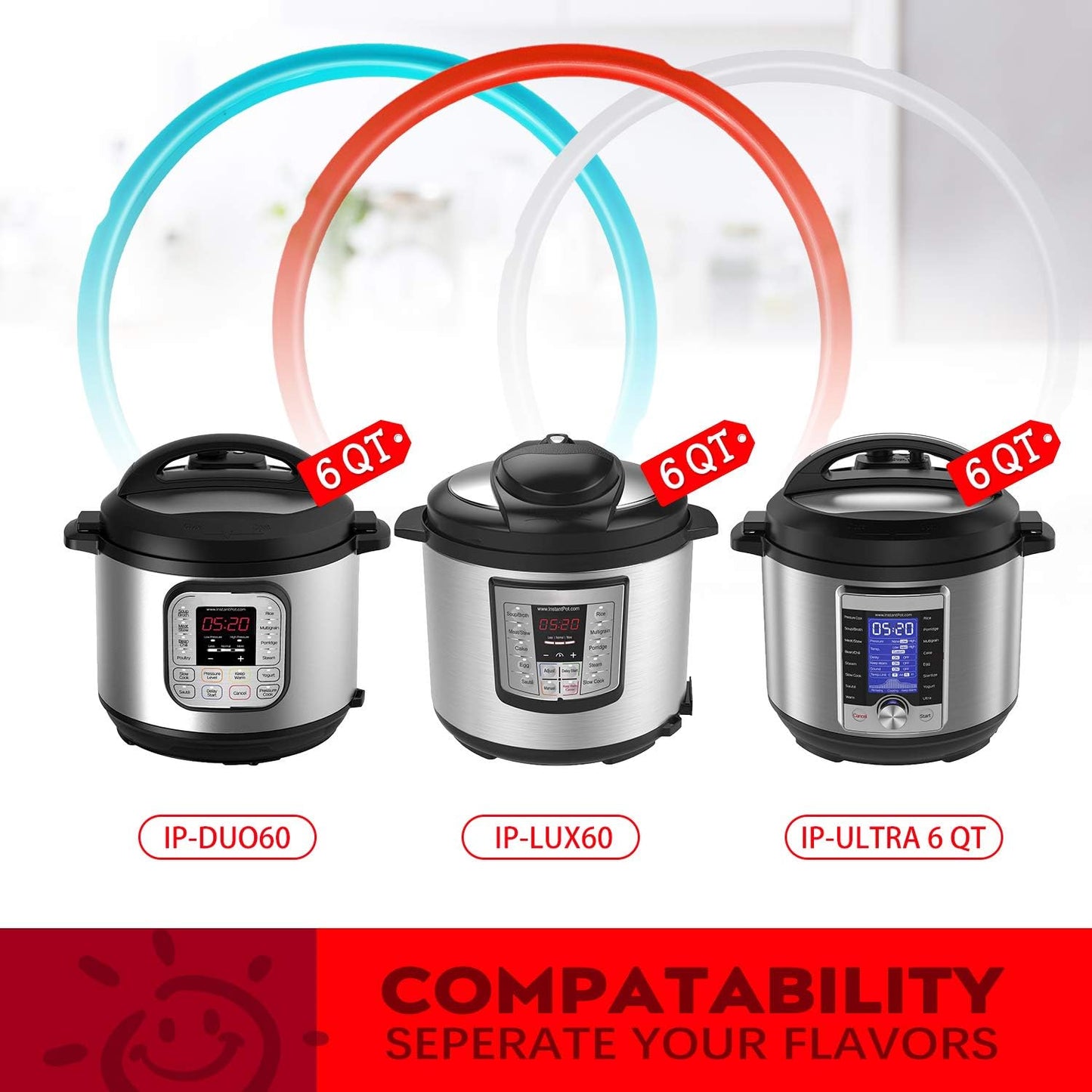 6QT Silicone Sealing Ring 3 Pack with Steam Release Valve | Fits Duo/Lux/Ultra 5QT & 6QT Cookers, Dishwasher Safe.