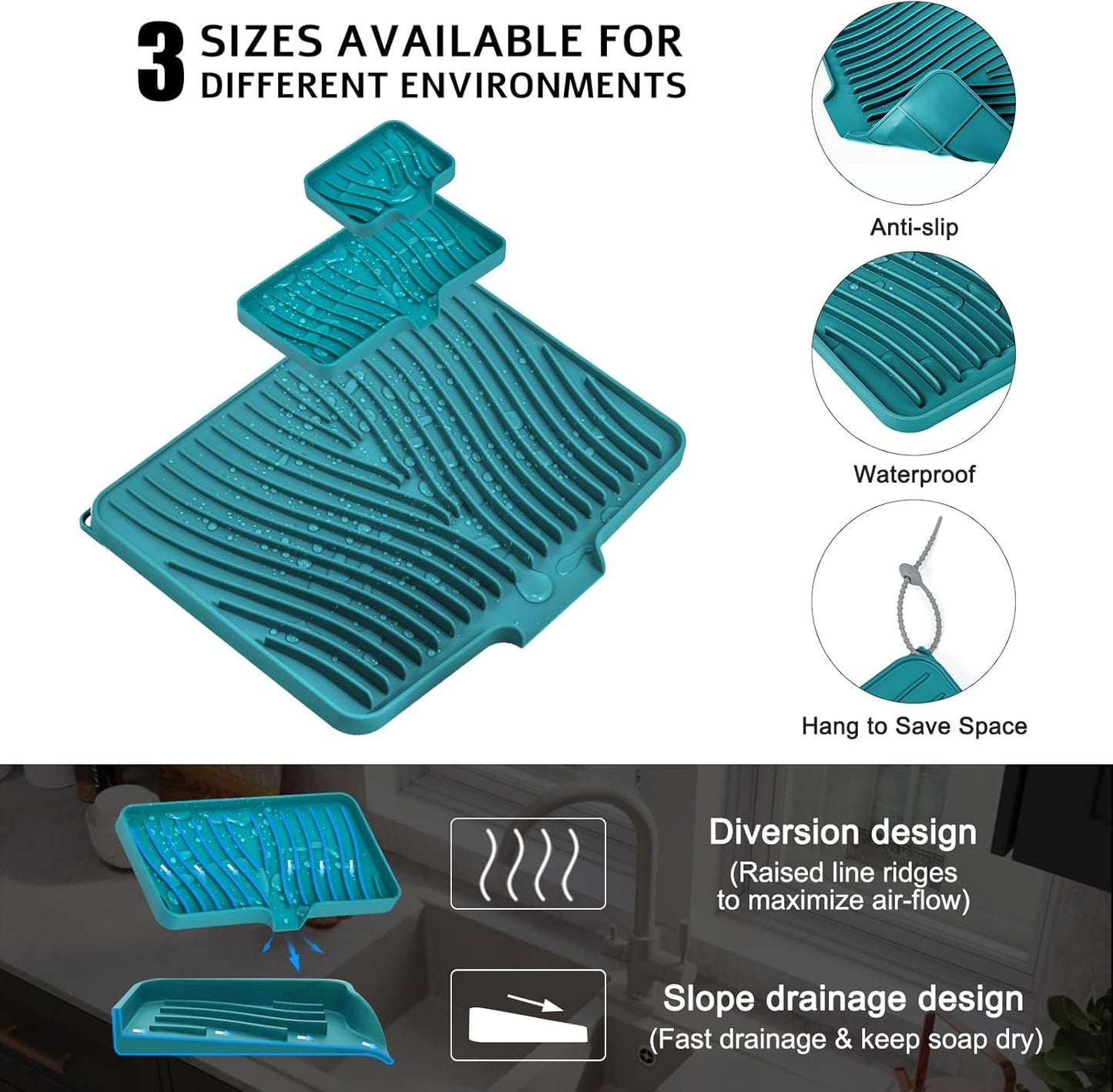 Silicone Dish Drying Mat for Kitchen Counter, Dish Drying Pad, Non-Slip Drain Pad with Built-in Drain, Heat Resistant Stone Drying Mat, 3 pcs (Green)