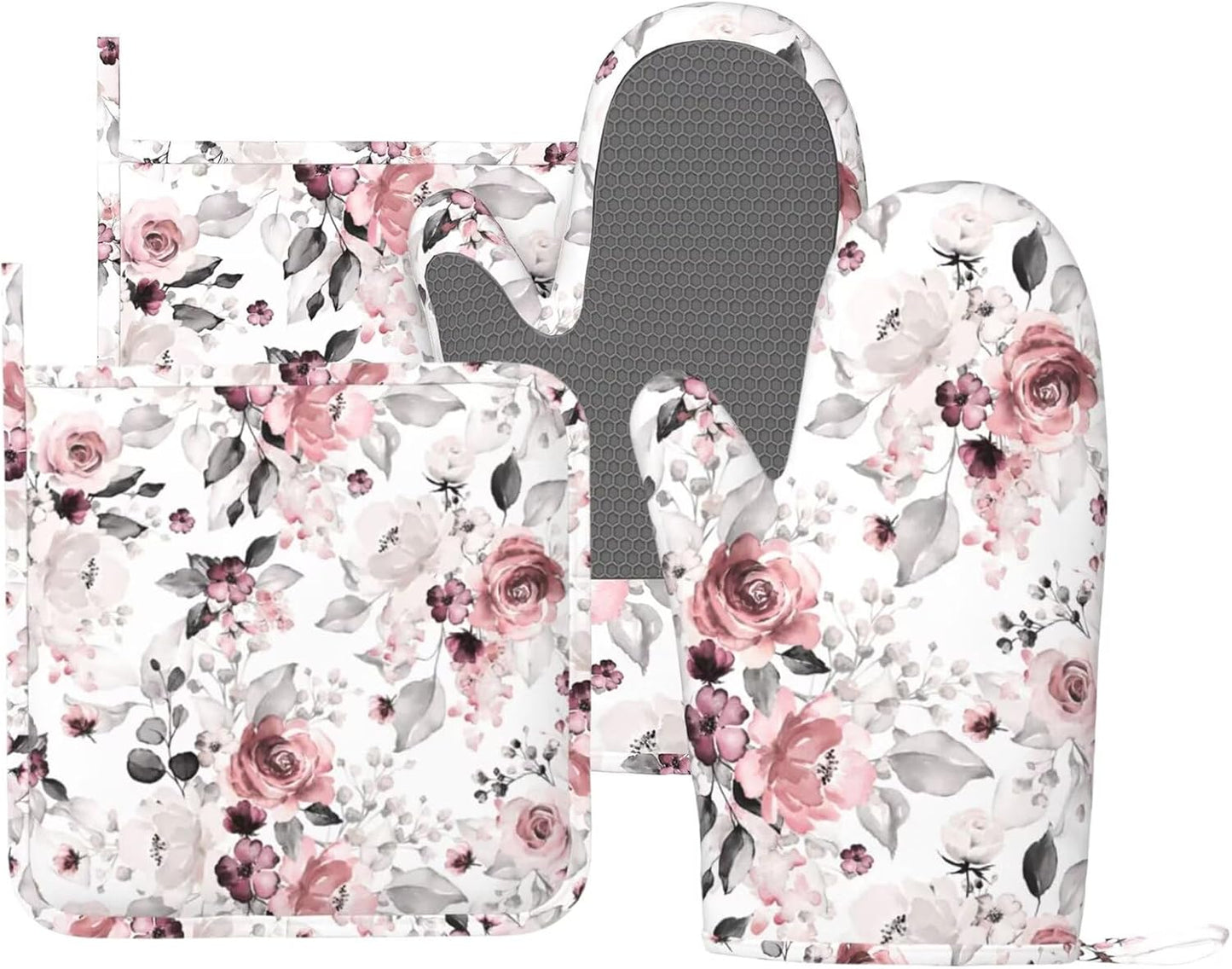 Tea Rose Oven Mitts and Pot Holders Set of 4 Silicone Watercolor Flowers Kitchen Mitten Gloves and Non-Slip Potholders Set Heat Resistant Oven Gloves Hot Holders for Kitchen