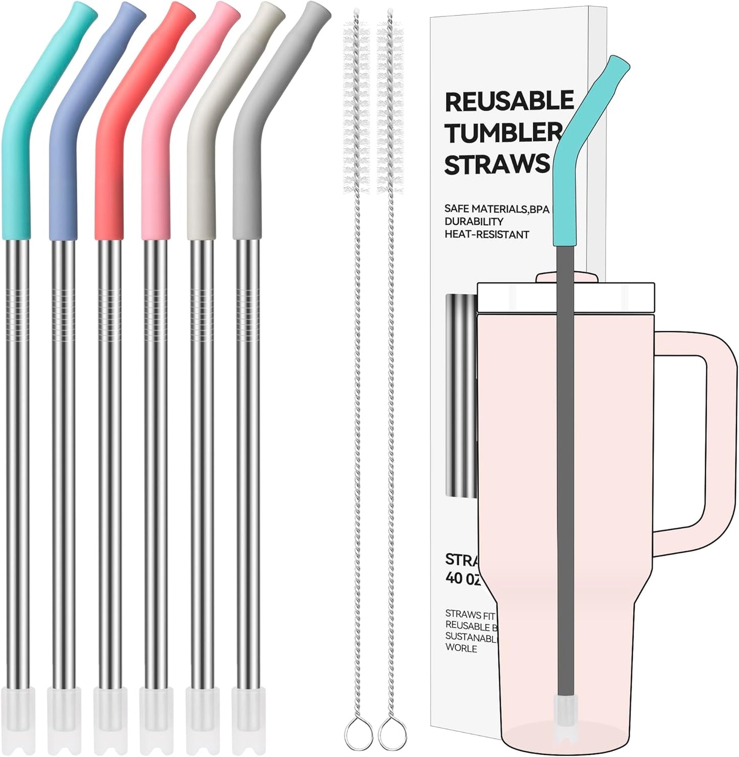 40 oz Straight Metal Straws for 40 oz Stanley Tumbler, 6 Pcs Stainless Steel Reusable Drinking Metal Straw with Colourful Silicone Tips,Straw for Glass Cups, BPA FREE