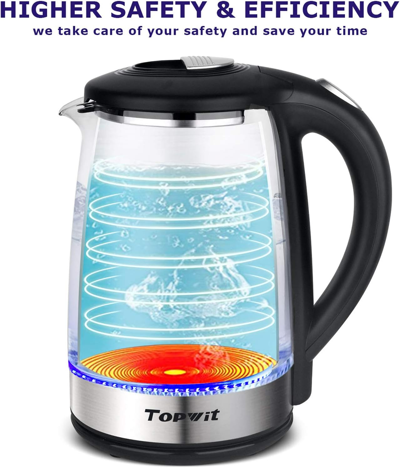 TOPWIT Electric Kettle Glass Hot Water Kettle, 2.0L Water Warmer, BPA-Free Stainless Steel Lid & Bottom, Tea Kettle with Fast Heating, Auto Shut-Off & Boil Dry Protection