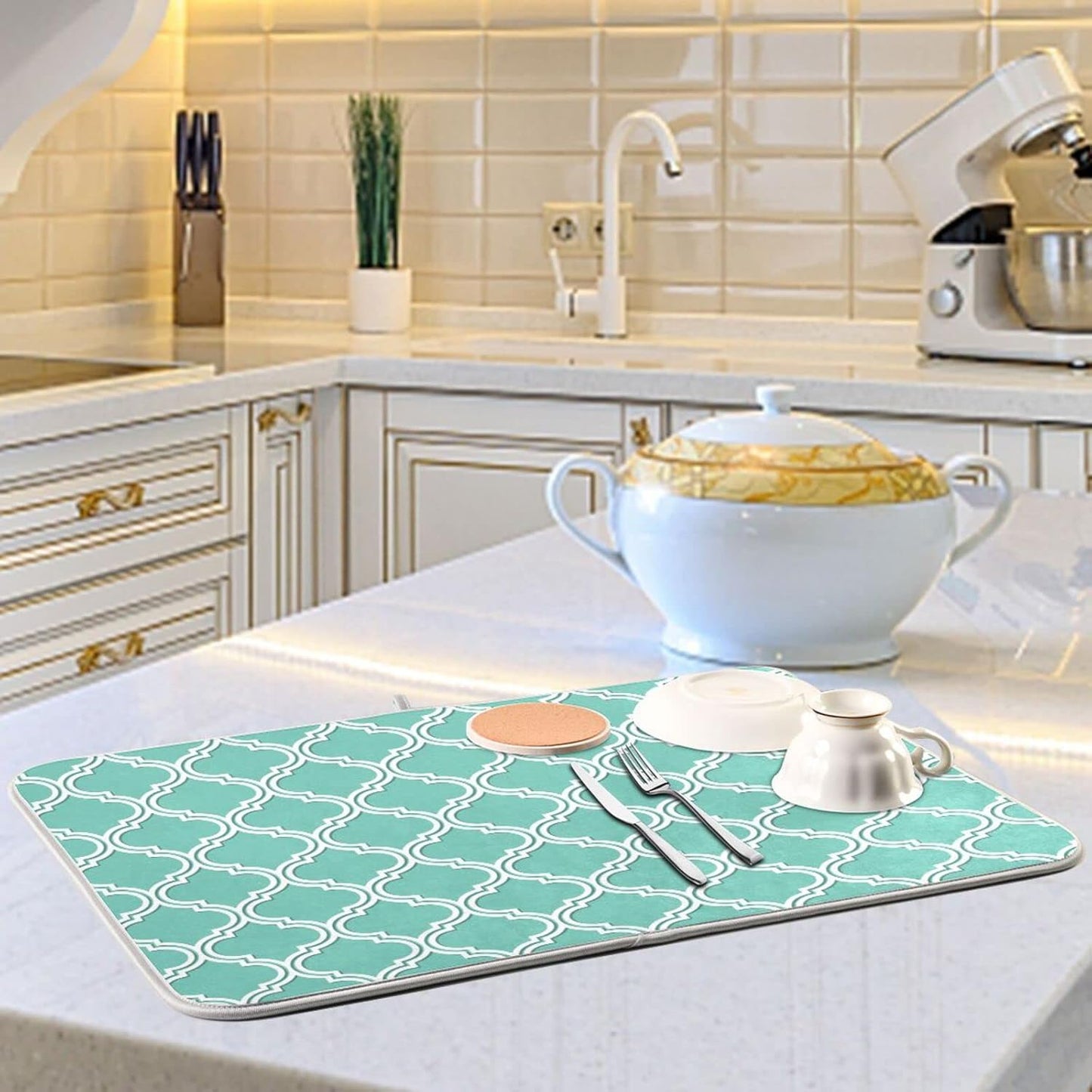 Senya Super Absorbent Dish Drying Mat, Microfiber Fast-Drying Dish Mat, 16/ x 18/ , Kitchen Dish Drying Pad, Seamless Moroccan Pattern