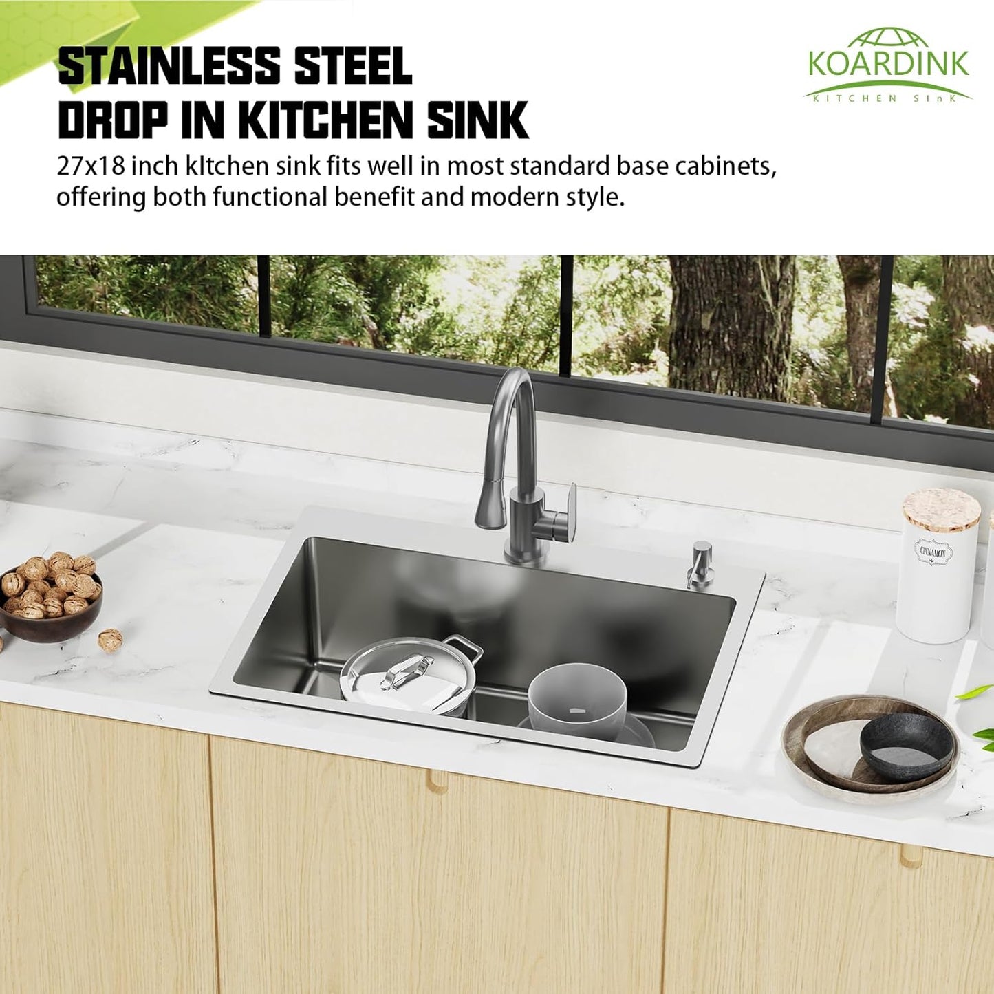 27x18 Inch Kitchen And Bar Sink-Stainless Steel Drop In Kitchen Sink Modern Single Bowl Topmount Bar Sink Come With Silicon Mat,Drain Strainer Set Compatibility With Various Kitchen&Bar Style