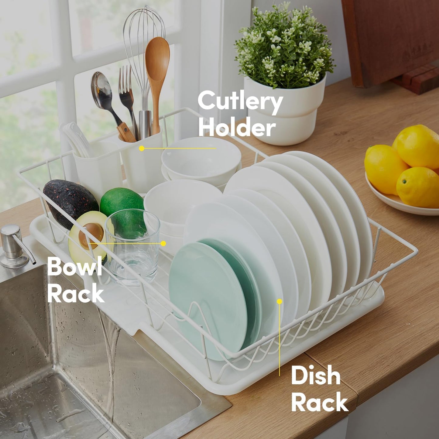 Sweet Home Collection Space-Saving 3-Piece Dish Drainer Rack Set: Efficient Kitchen Organizer for Quick Drying and Storage - Includes Cutlery Holder and Drainboard - Maximize Countertop Space, Ivory