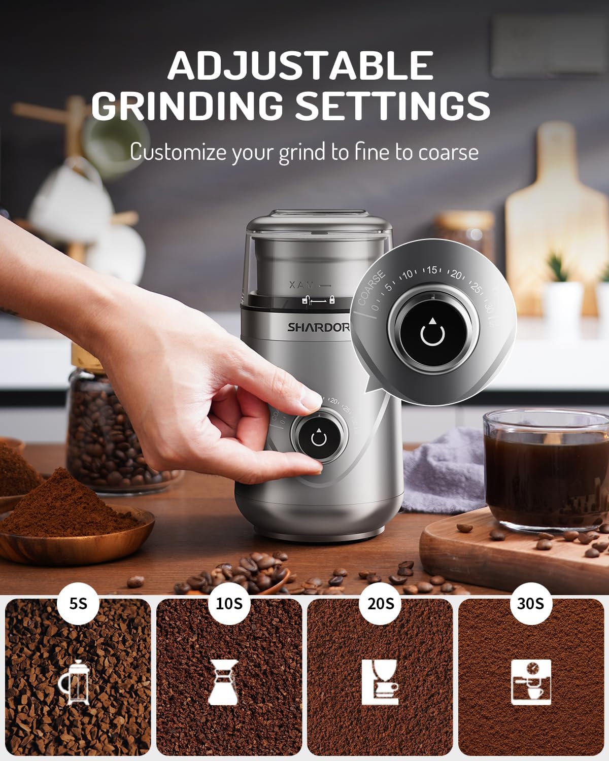 SHARDOR Adjustable Coffee Grinder Electric, Herb, Spice, Coffee Bean,Espresso Grinder with 2 Removable Stainless Steel Wet and Dry Bowl, Silver